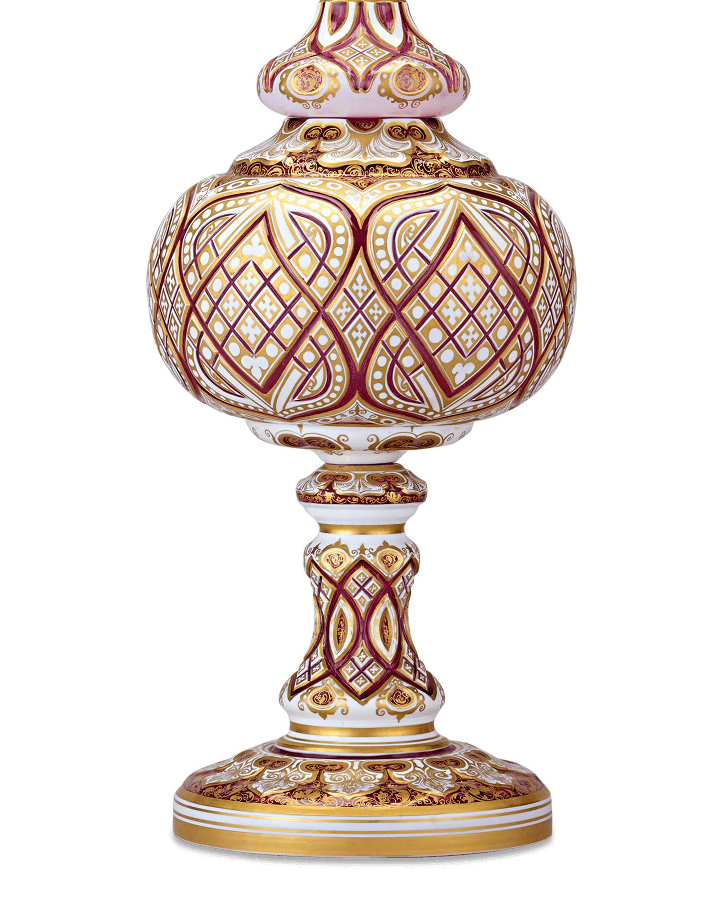 Pair of Crimson and Gold Bohemian Art Glass Vases In Excellent Condition In New Orleans, LA