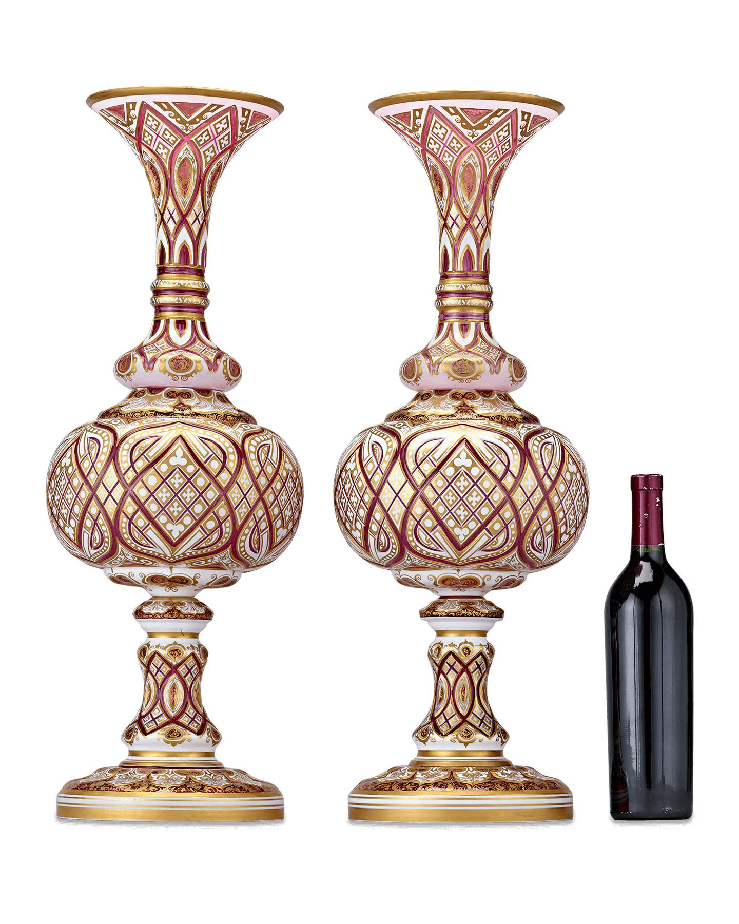 20th Century Pair of Crimson and Gold Bohemian Art Glass Vases