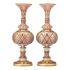 Pair of Crimson and Gold Bohemian Art Glass Vases