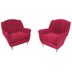 Pair of Crimson Upholstered Armchairs by Gigi Radice for Minotti, Italy, 1950s
