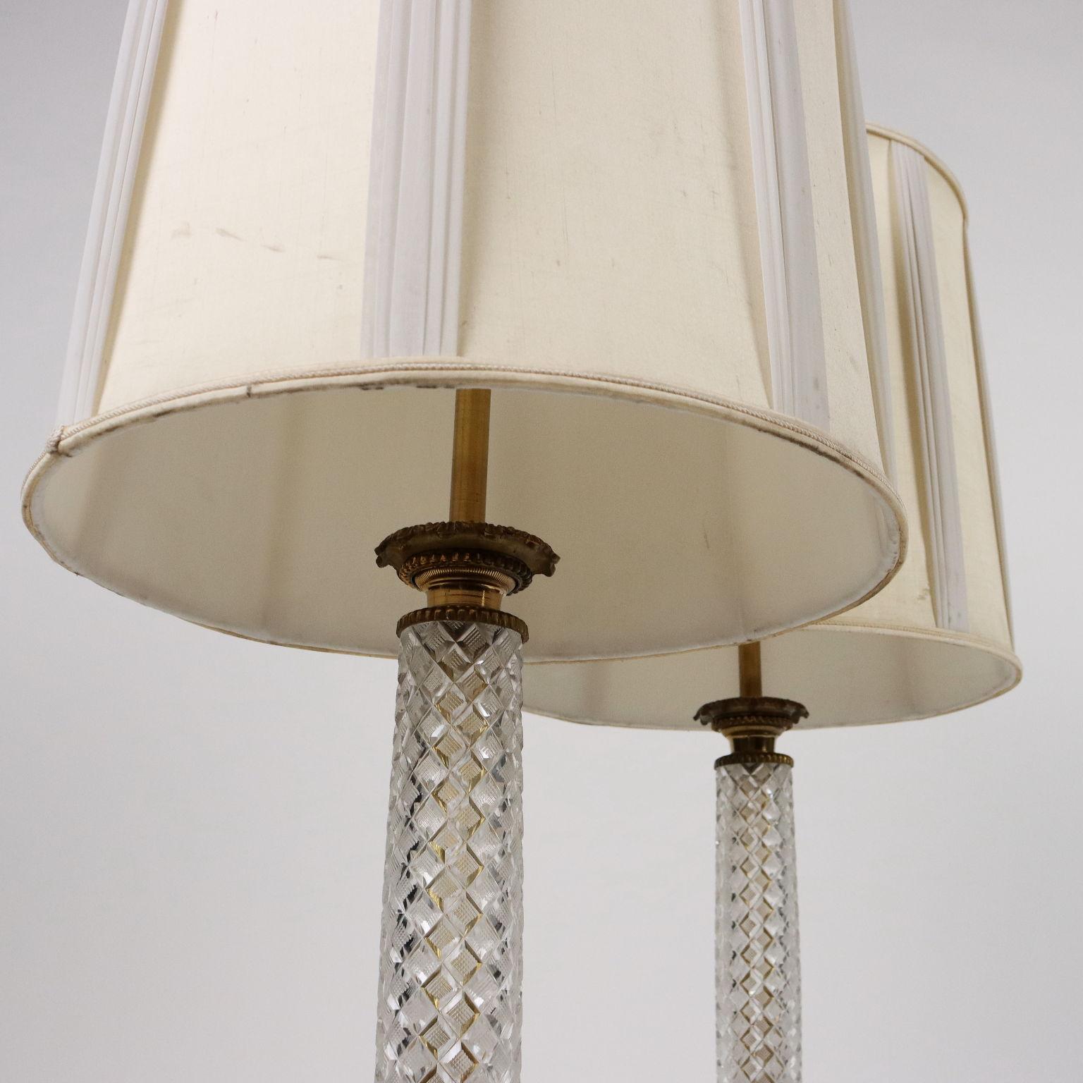 Mid-Century Modern Pair of Cristal and Bronze Paris Lamps, France, Mid 1900s For Sale