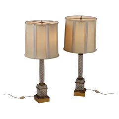 Pair of Cristal and Bronze Paris Lamps, France, Mid 1900s