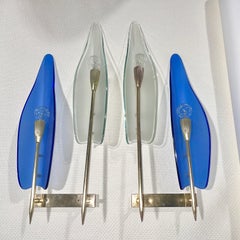 Pair of Cristal-Art Grand Scale Sconces with Curved Blue and Clear Glass