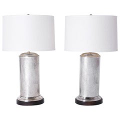 Pair of Crocodile Embossed Silver Table Lamps