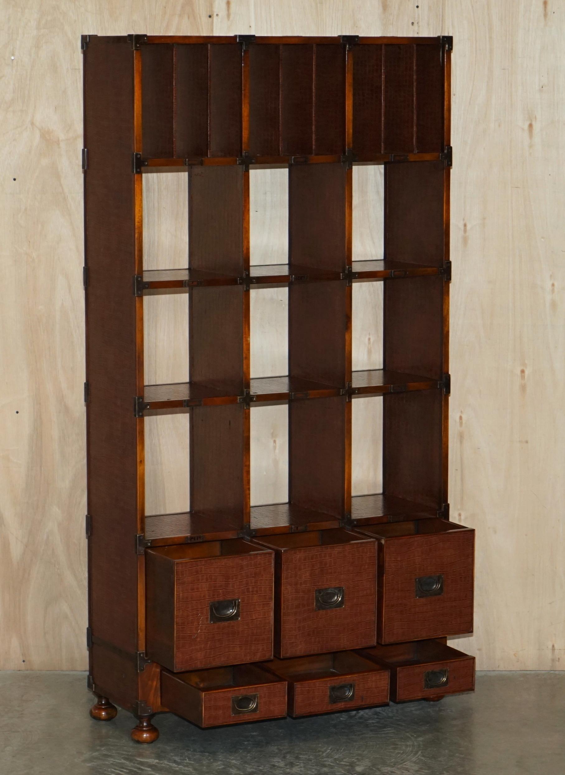 Pair of Crocodile Leather Open Library Bookcases with Drawers & Record Slots For Sale 5