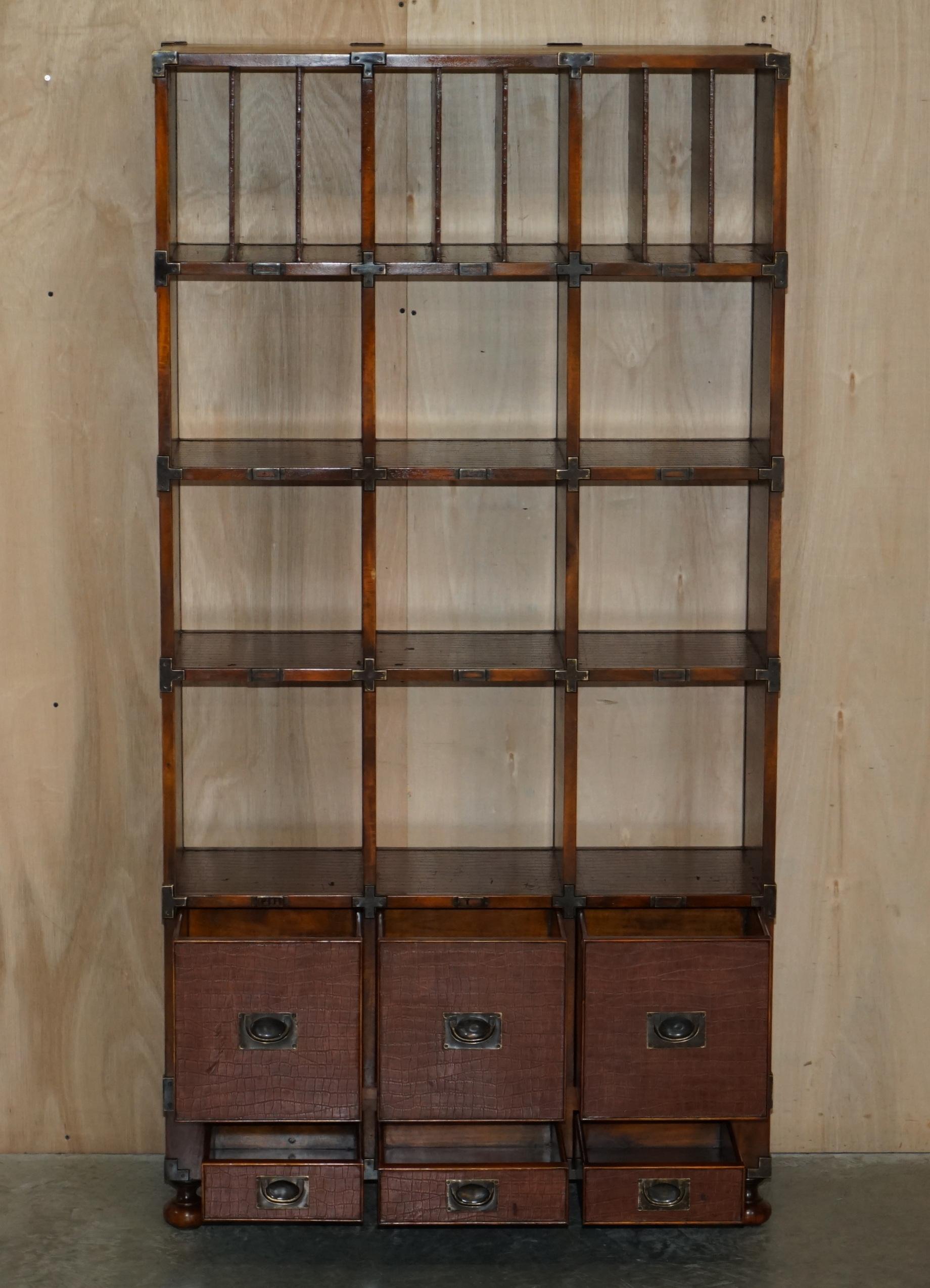 Pair of Crocodile Leather Open Library Bookcases with Drawers & Record Slots For Sale 6
