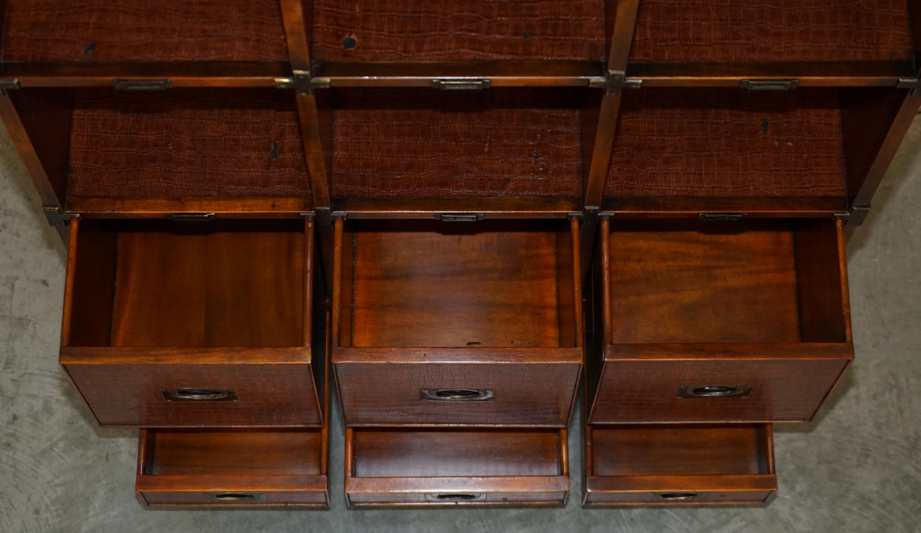 Pair of Crocodile Leather Open Library Bookcases with Drawers & Record Slots For Sale 7
