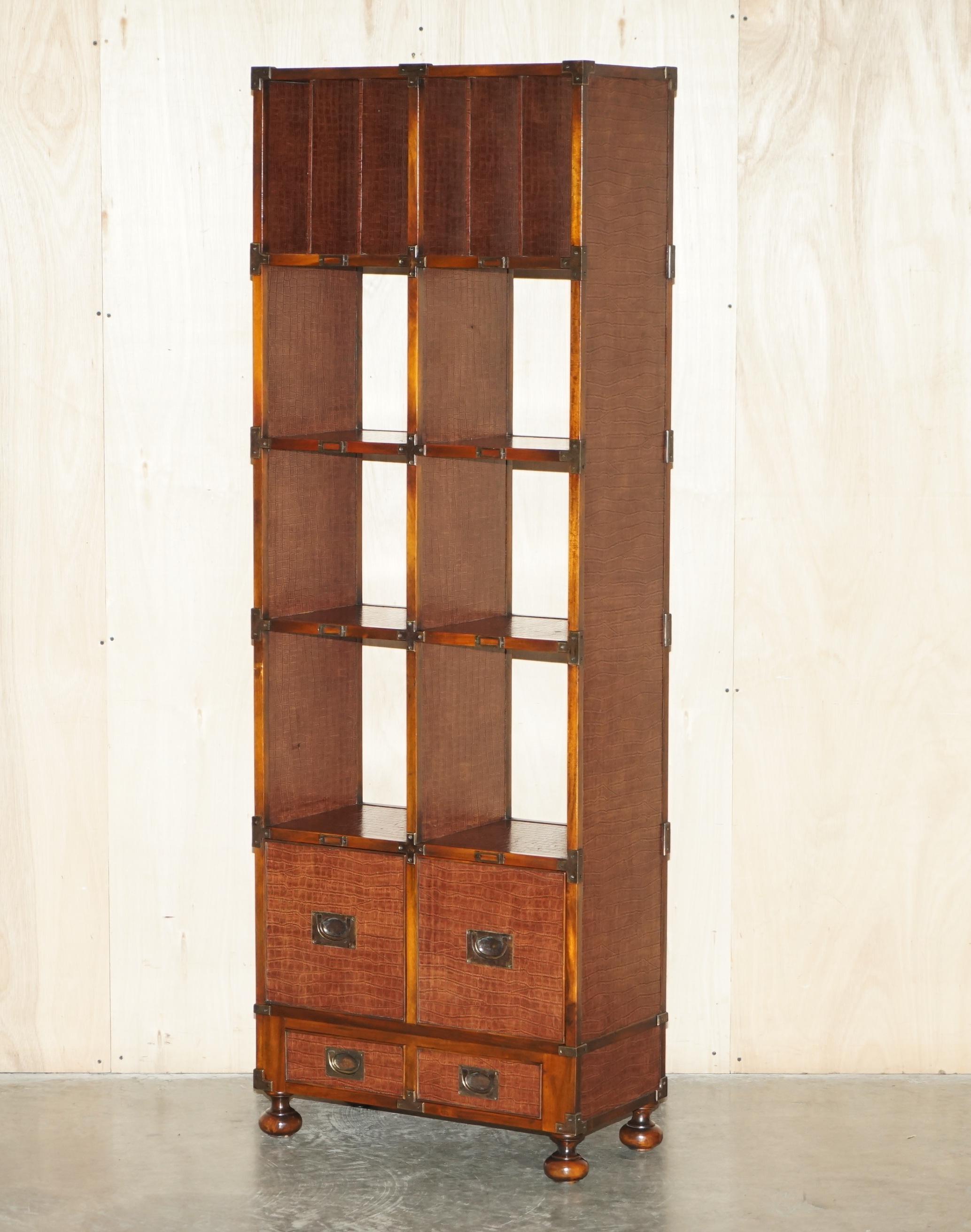Pair of Crocodile Leather Open Library Bookcases with Drawers & Record Slots For Sale 8