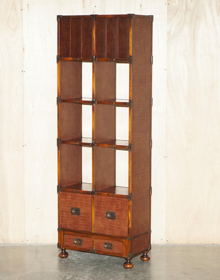 Pair of Crocodile Leather Open Library Bookcases with Drawers and