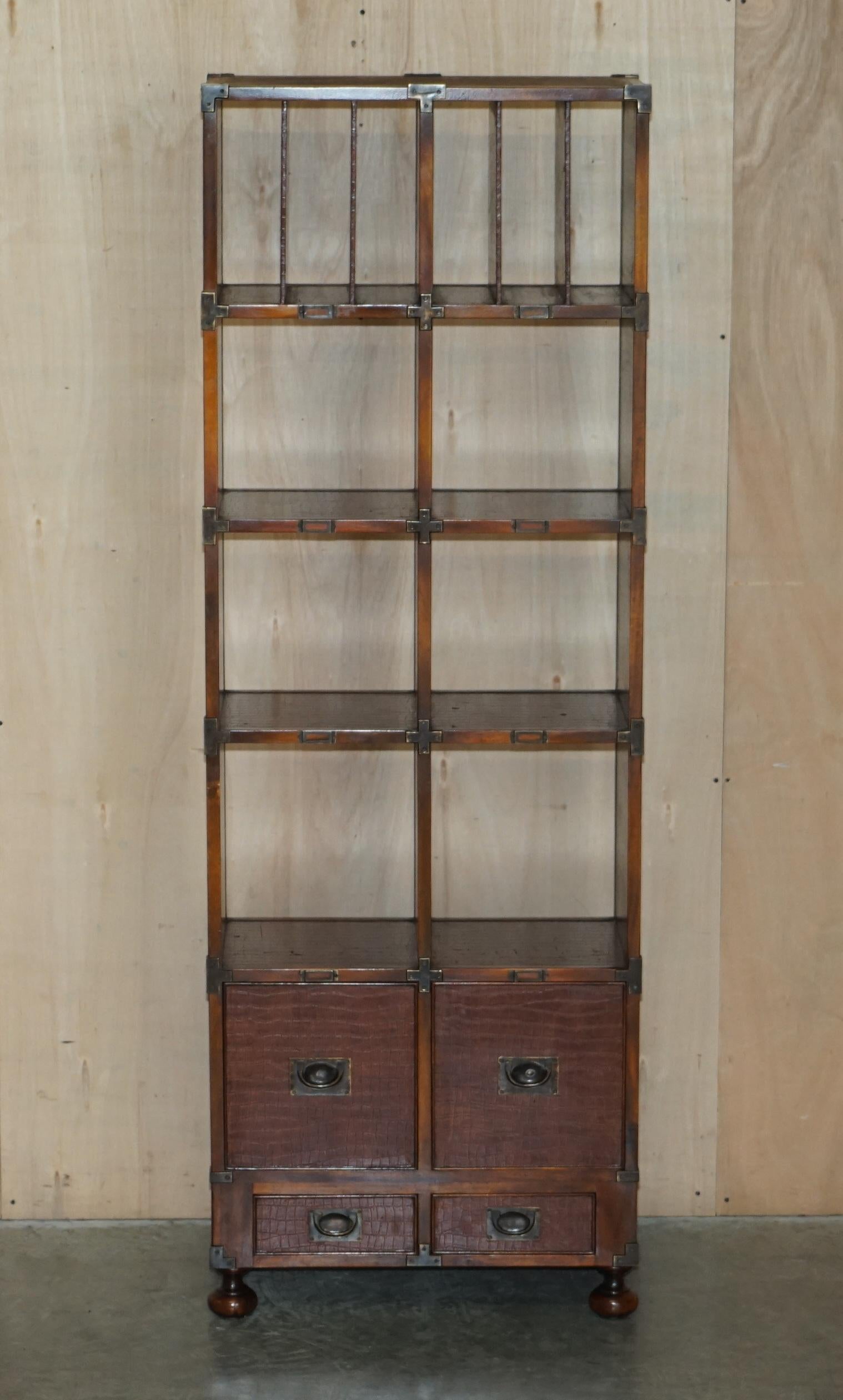 Pair of Crocodile Leather Open Library Bookcases with Drawers & Record Slots For Sale 9