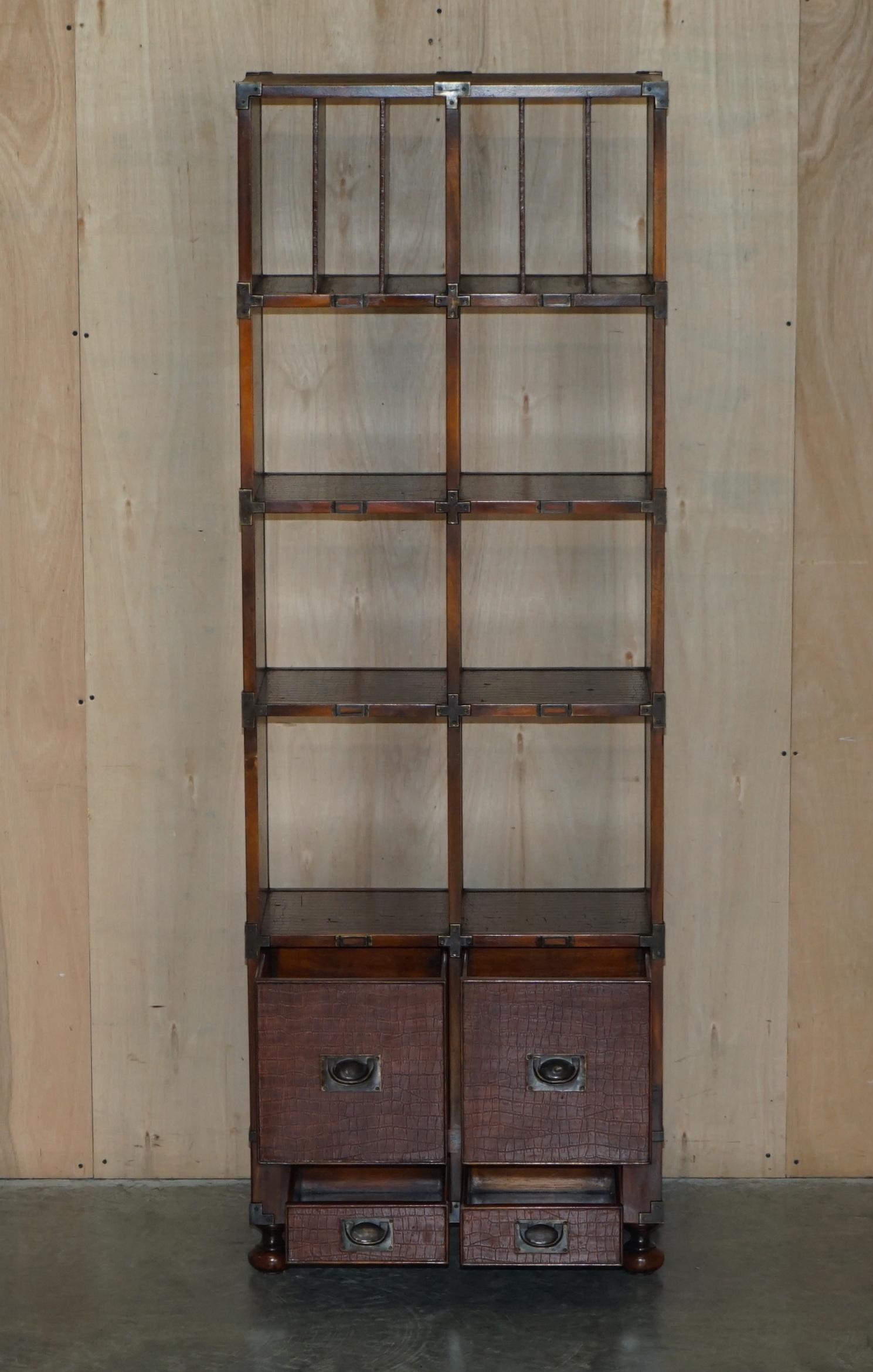 Pair of Crocodile Leather Open Library Bookcases with Drawers & Record Slots For Sale 12