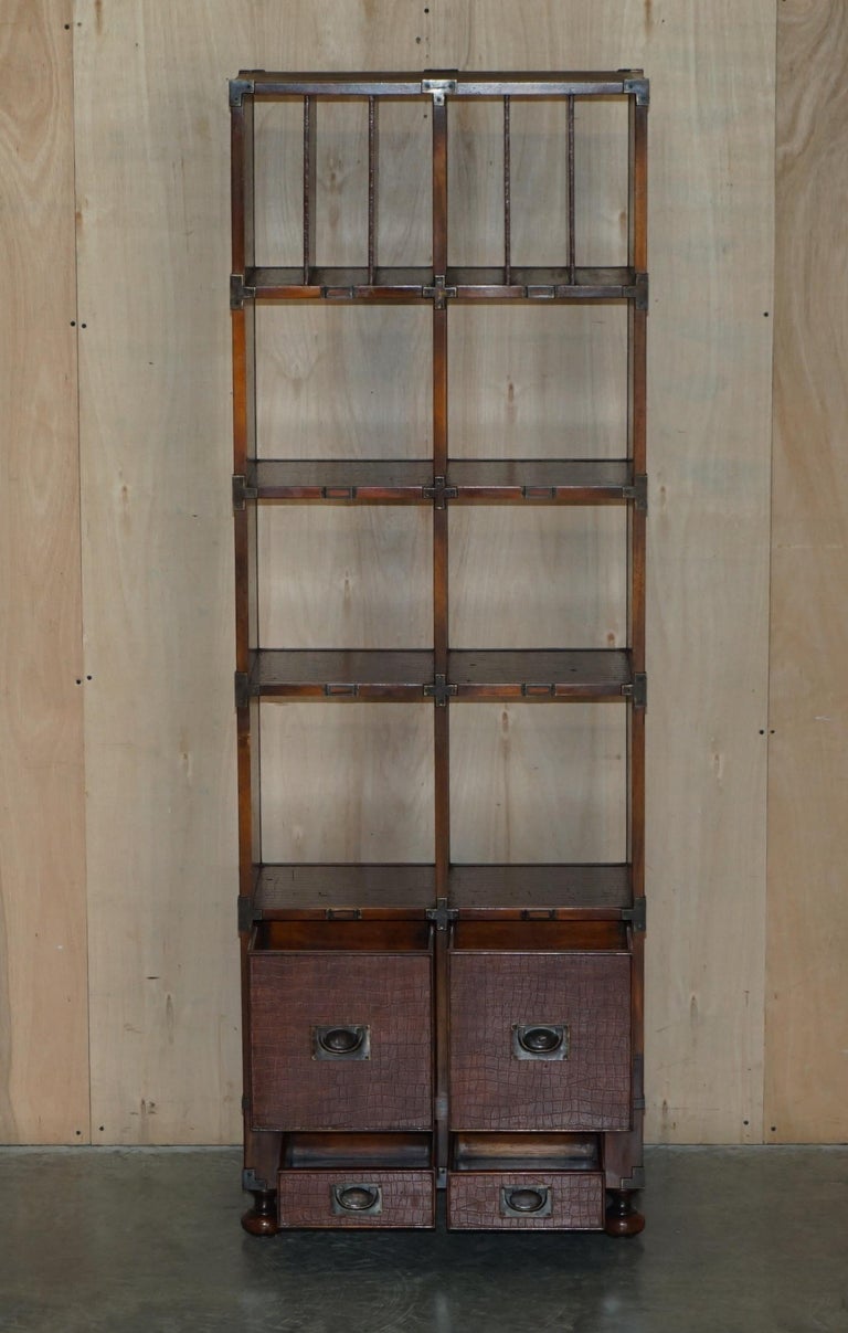 Pair of Crocodile Leather Open Library Bookcases with Drawers and