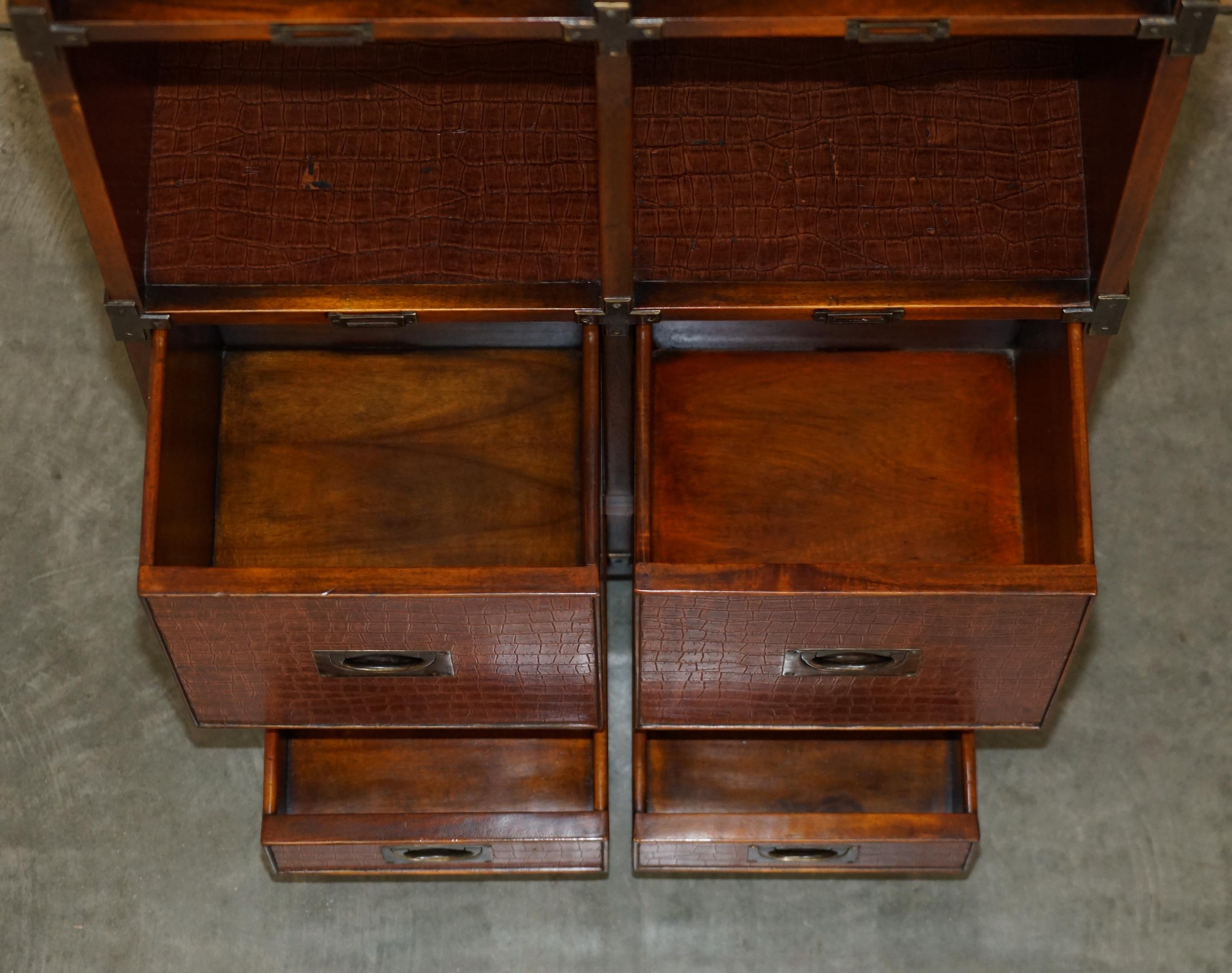 Pair of Crocodile Leather Open Library Bookcases with Drawers & Record Slots For Sale 13