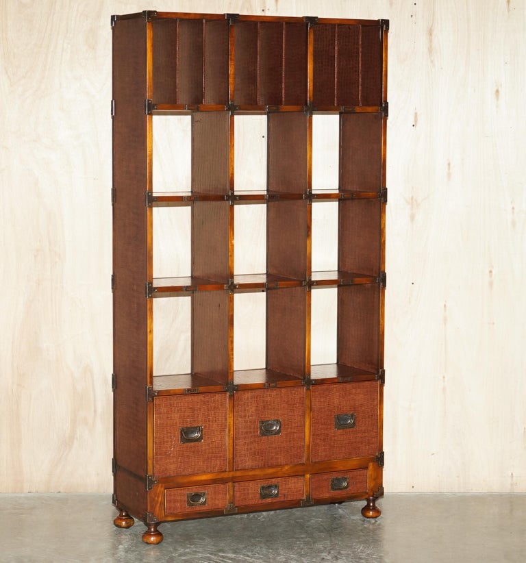 Pair of Crocodile Leather Open Library Bookcases with Drawers and