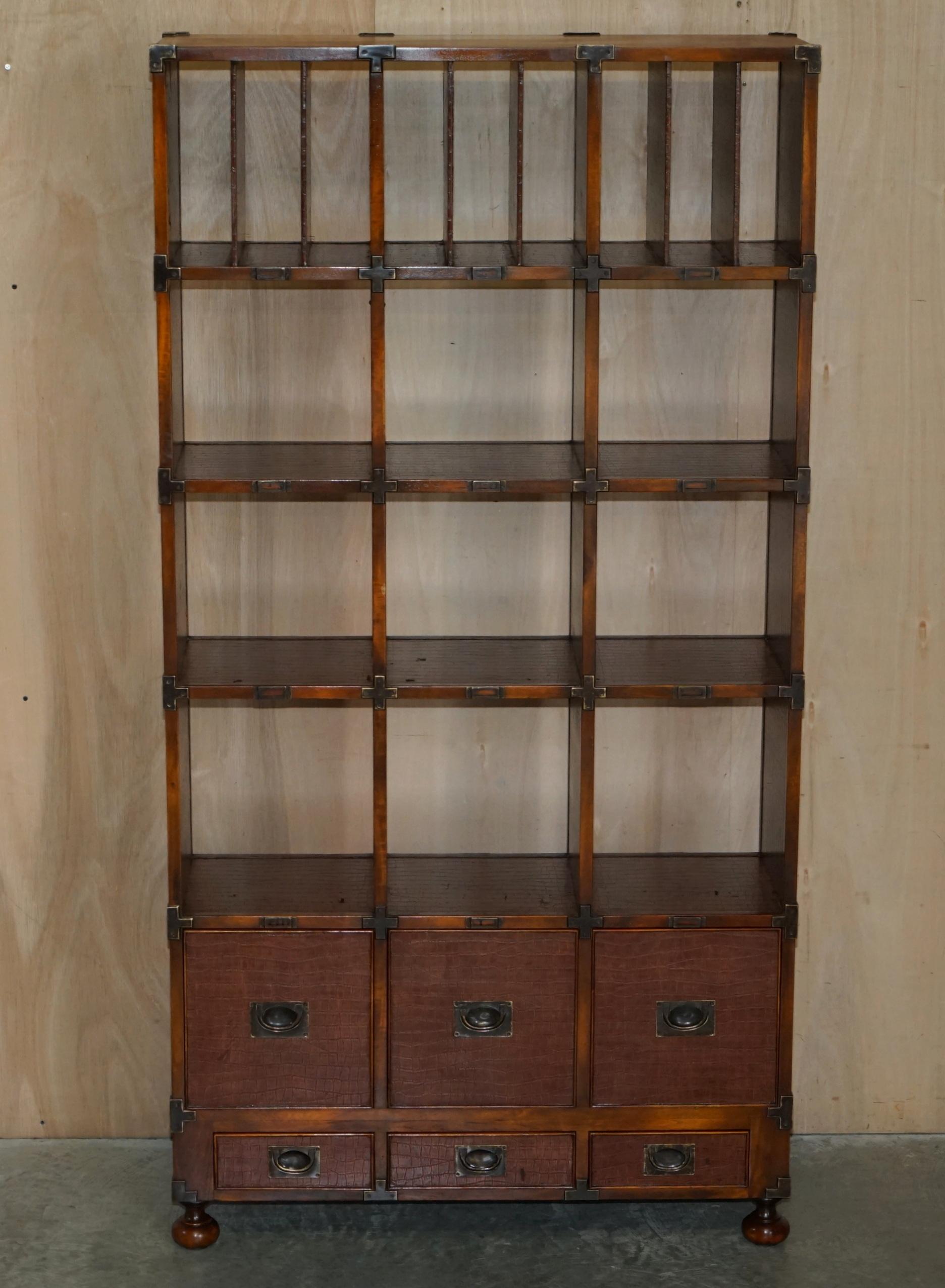 Art Deco Pair of Crocodile Leather Open Library Bookcases with Drawers & Record Slots For Sale