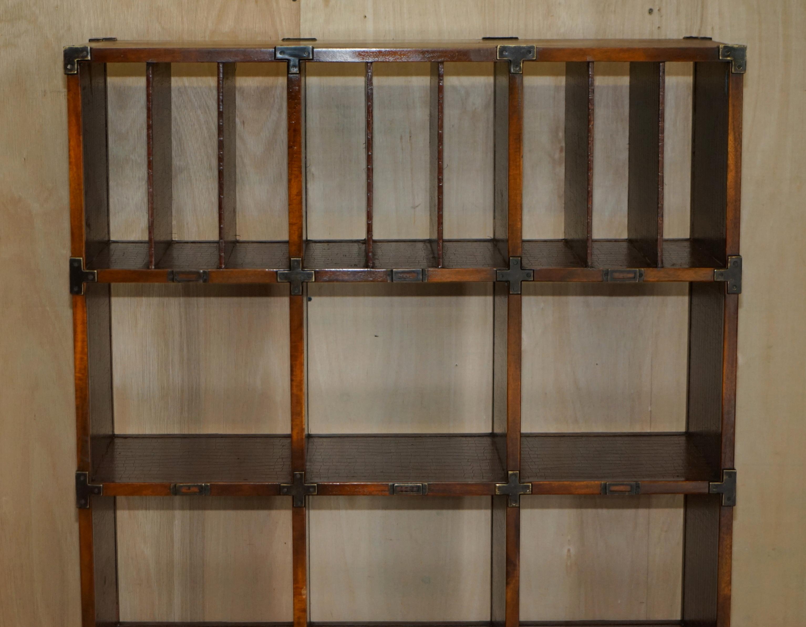 European Pair of Crocodile Leather Open Library Bookcases with Drawers & Record Slots For Sale