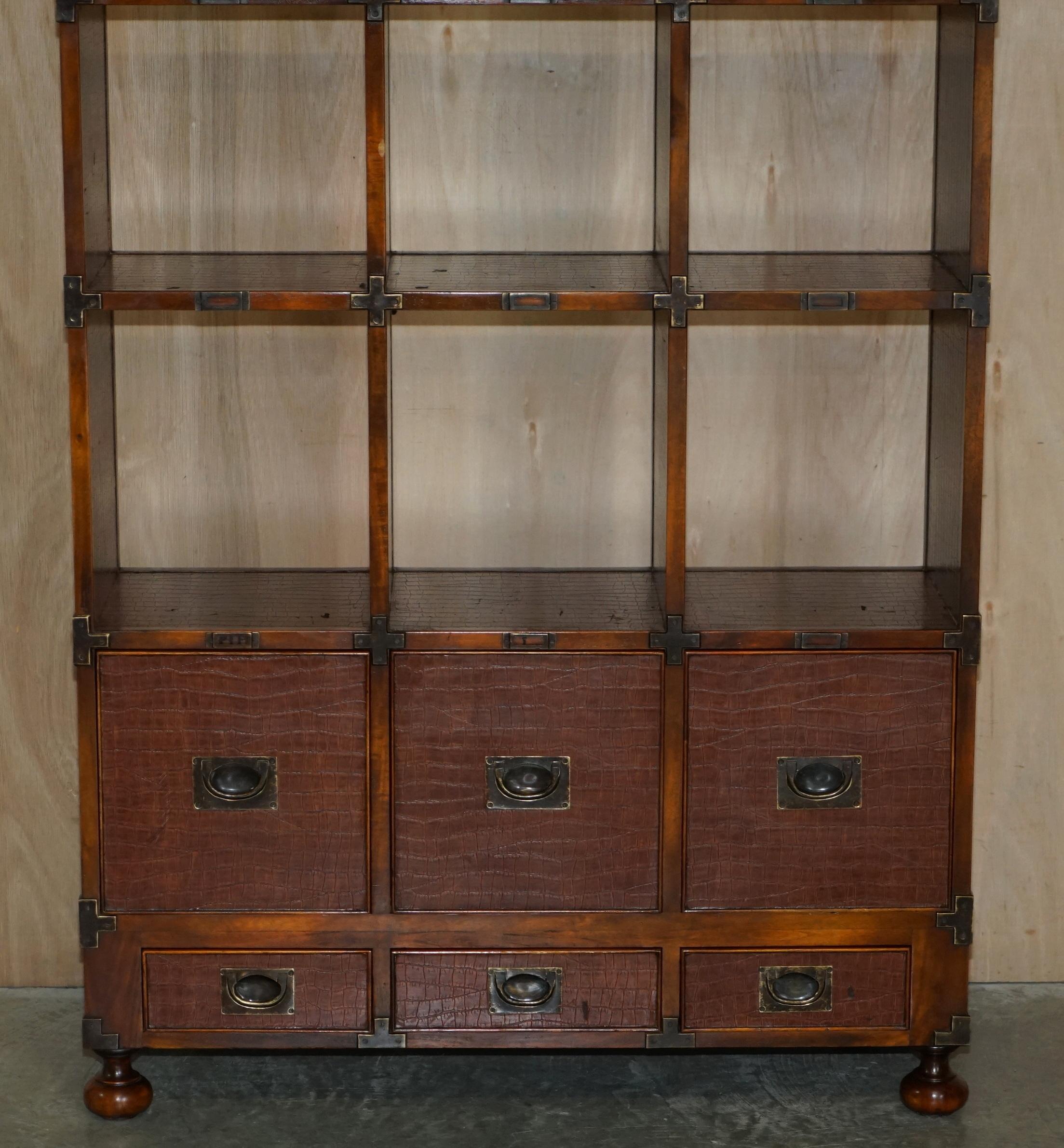Hand-Crafted Pair of Crocodile Leather Open Library Bookcases with Drawers & Record Slots For Sale