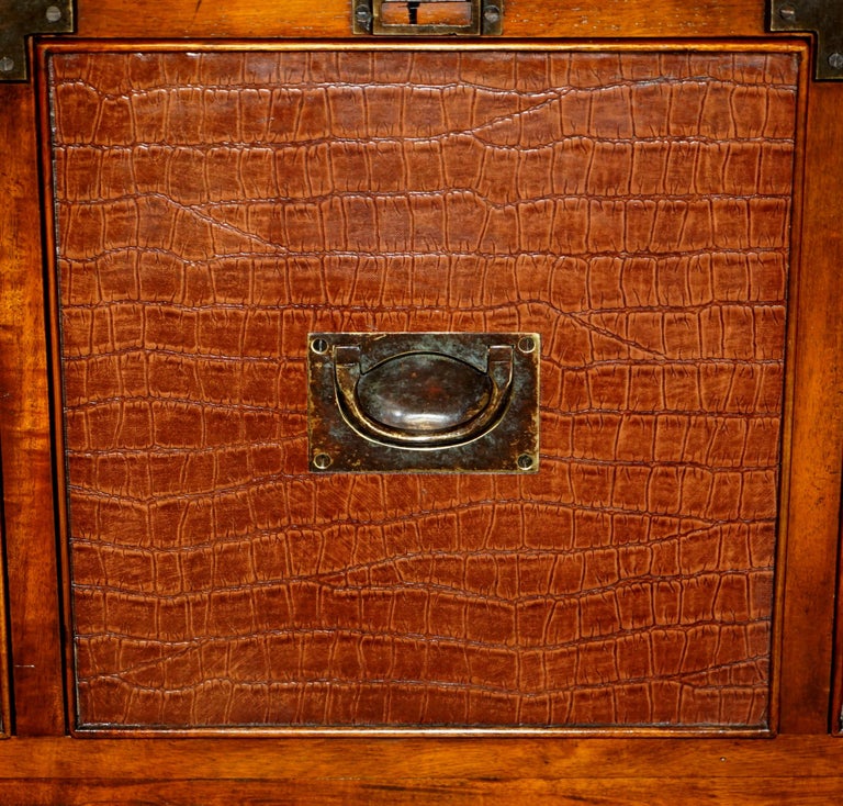 Pair of Crocodile Leather Open Library Bookcases with Drawers and