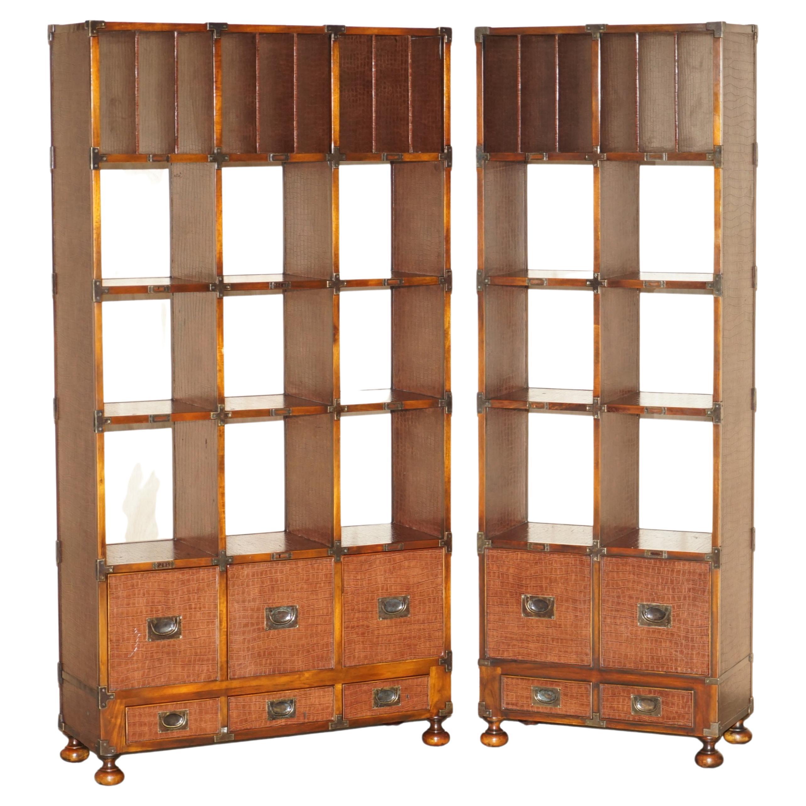 Pair of Crocodile Leather Open Library Bookcases with Drawers & Record Slots For Sale