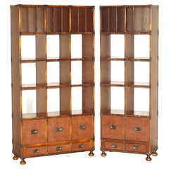 Pair of Crocodile Leather Open Library Bookcases with Drawers & Record Slots