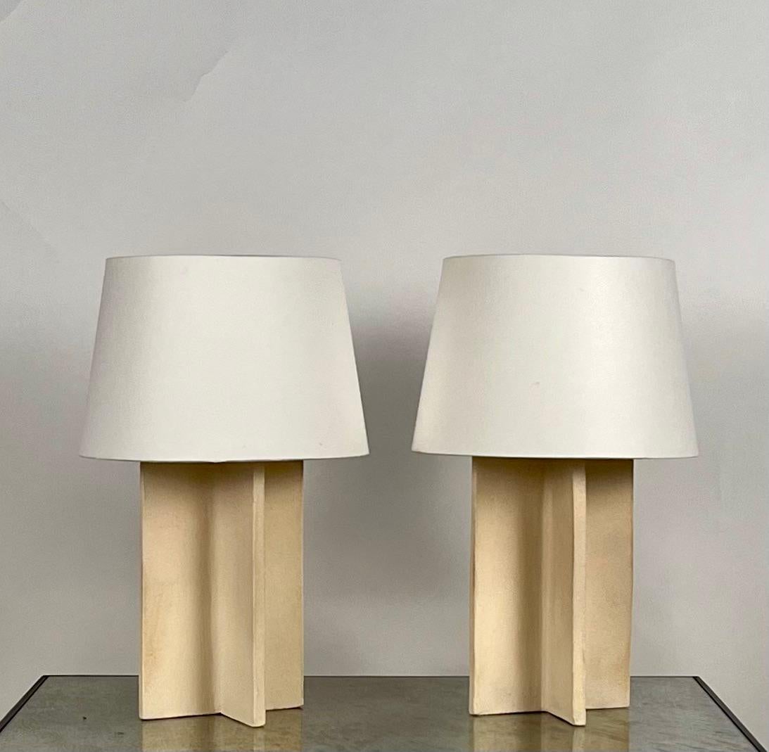 Art Deco Pair of 'Croisillon' Cream Ceramic Lamps with Parchment Shades by Design Frères For Sale