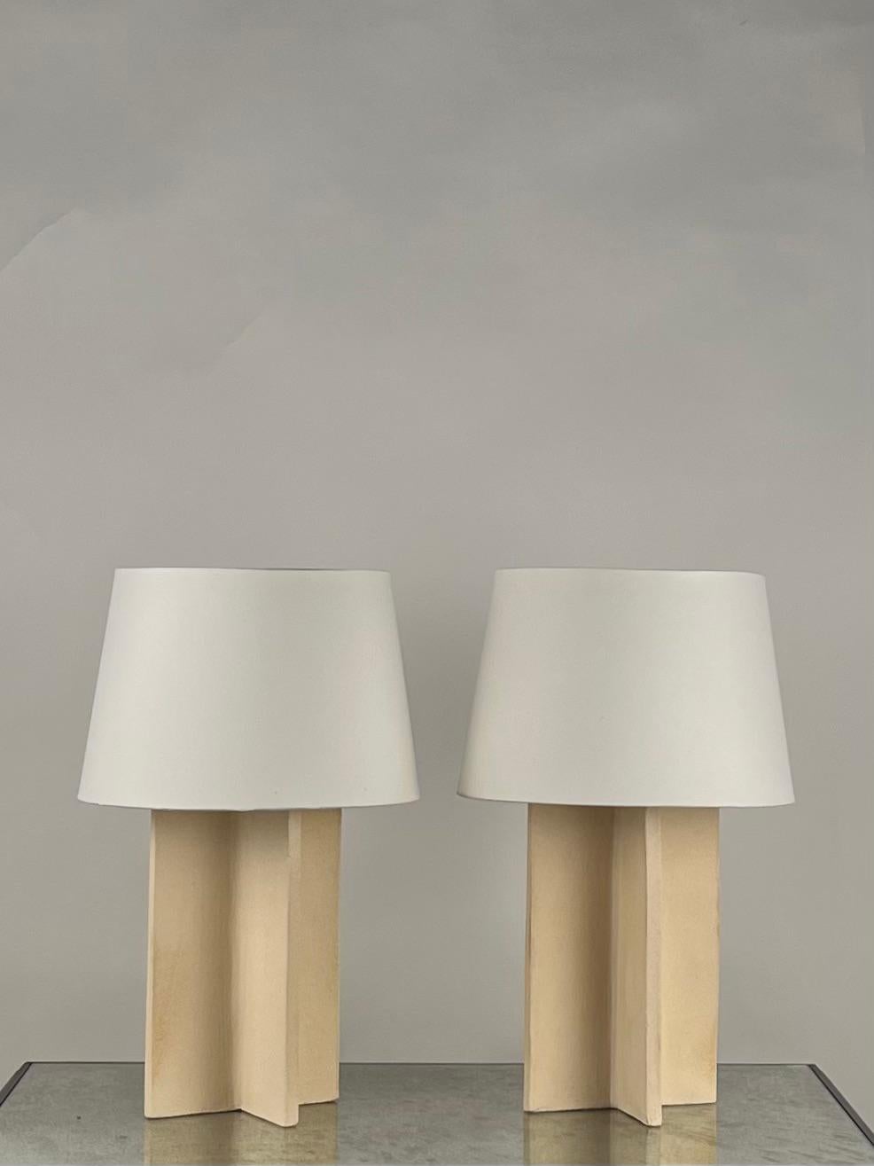 French Pair of 'Croisillon' Cream Ceramic Lamps with Parchment Shades by Design Frères For Sale