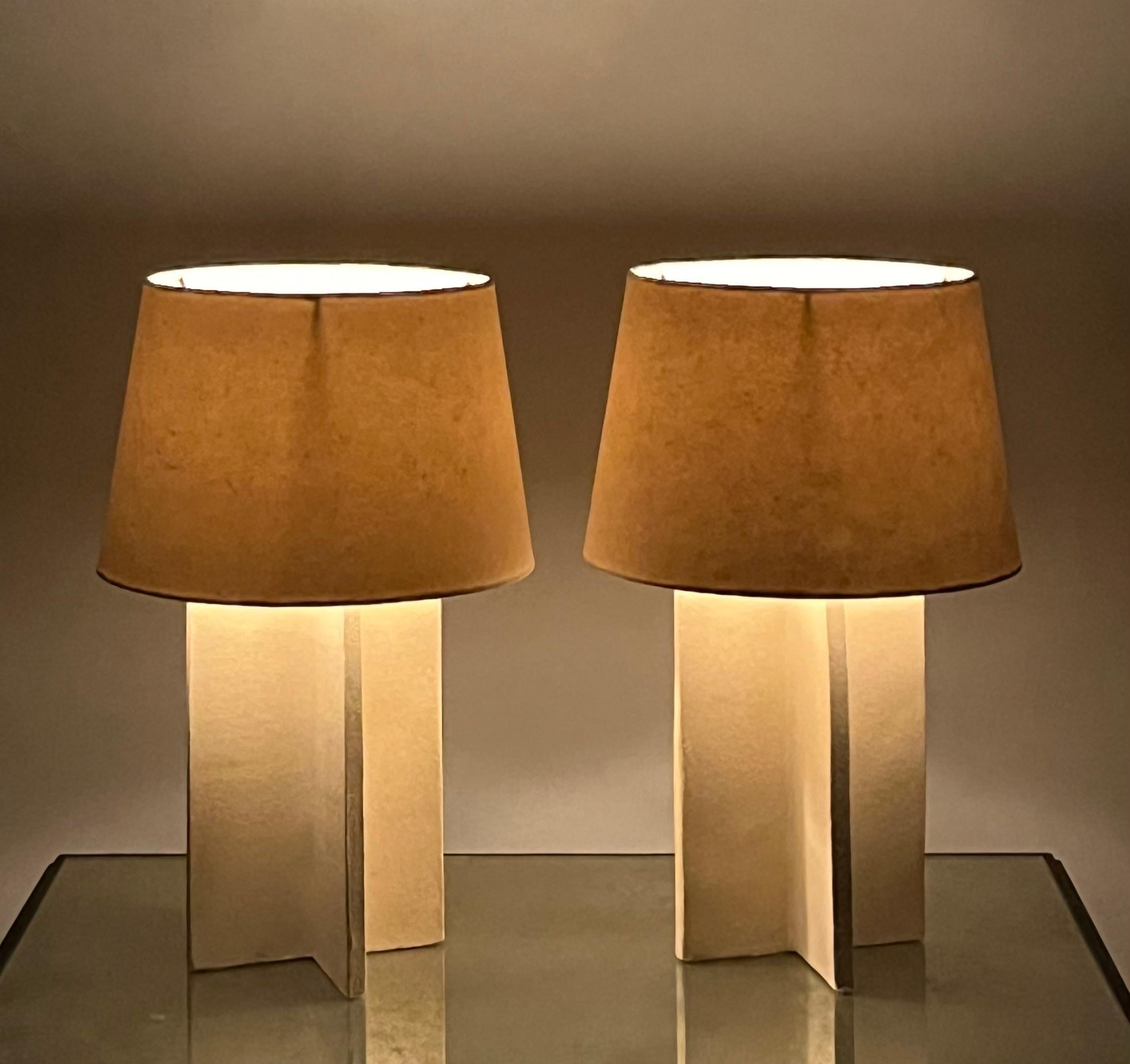 Pair of 'Croisillon' Cream Ceramic Lamps with Parchment Shades by Design Frères In New Condition For Sale In Los Angeles, CA