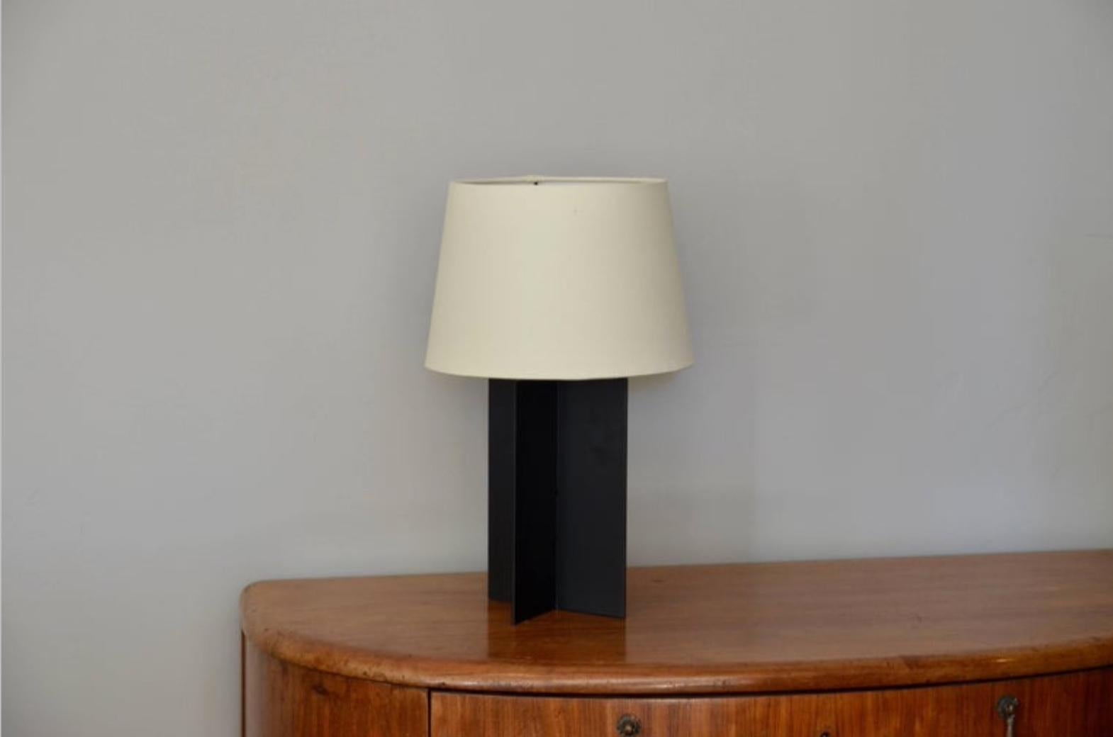 French Pair of 'Croisillon' Matte Black Steel and Parchment Lamps by Design Frères For Sale