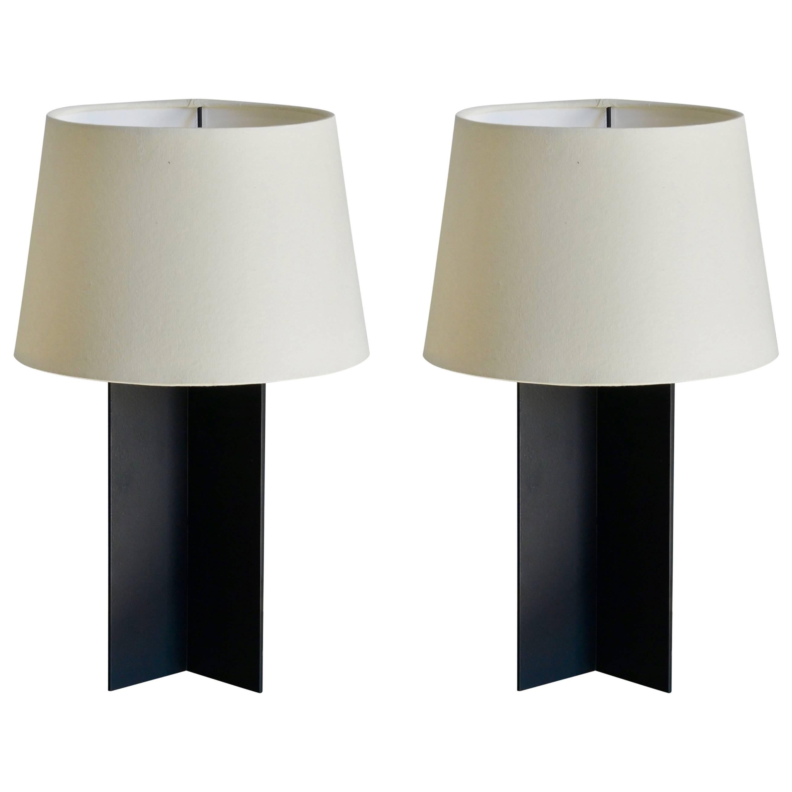 Pair of 'Croisillon' Matte Black Steel and Parchment Lamps by Design Frères For Sale