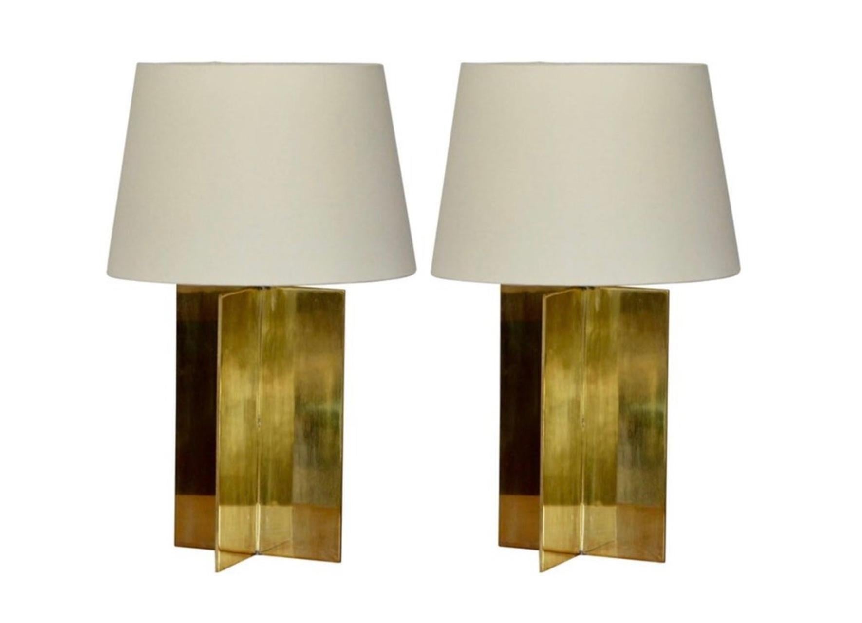 Pair of ‘Croisillon’ solid brass and parchment lamps by Design Frères. Wired with twist cord. European style shade with base ring (no finial).

Wired with UL listed parts and twist cord. Matching parchment European-style shade included. 

Dimensions