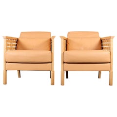 Pair of Cross Grain Leather and wood Lounge Chairs Made in Sweden, 20th Century