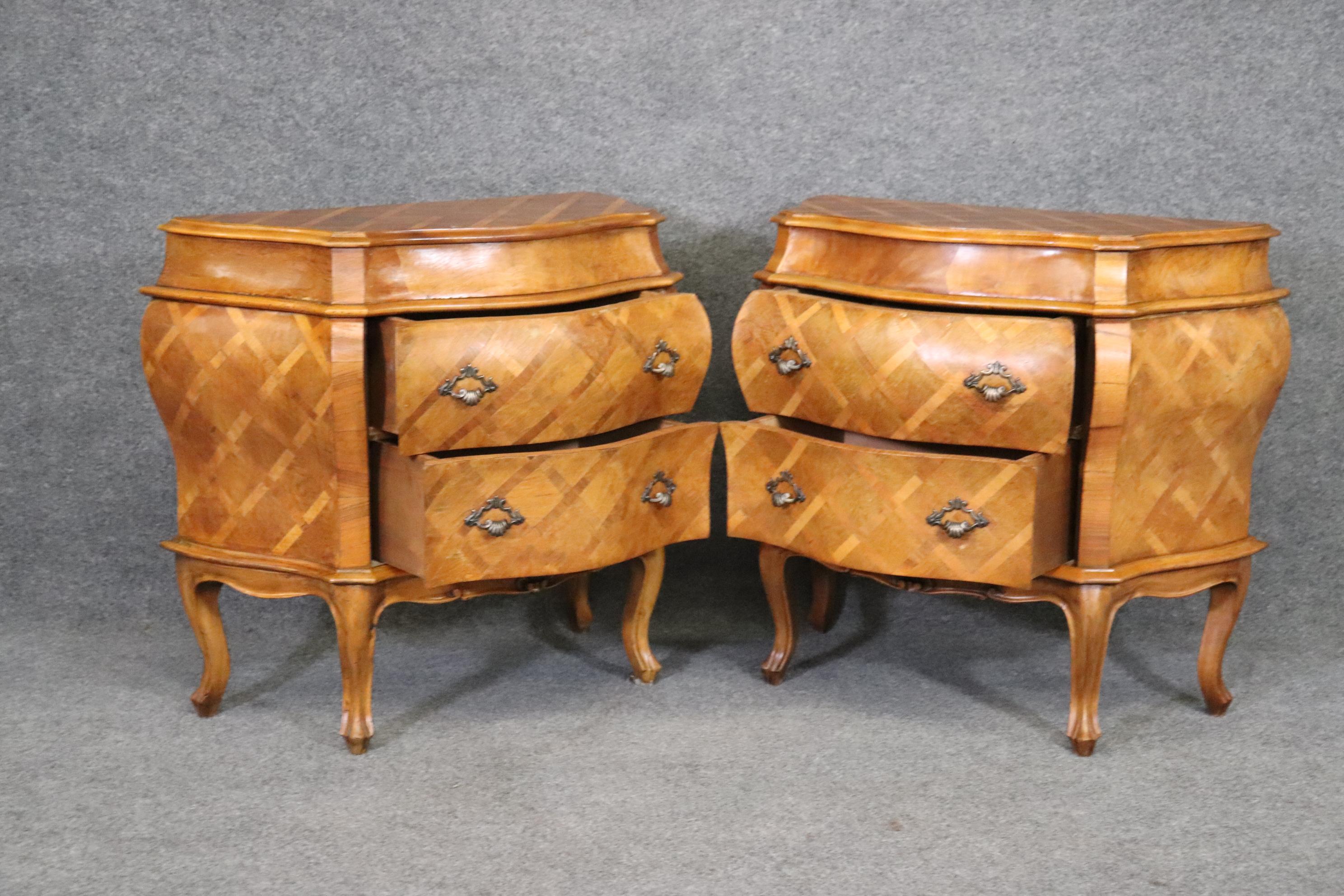 Pair of Cross-Hatch Inlaid Olivewood Italian Bombe Nightstands Endtables 2