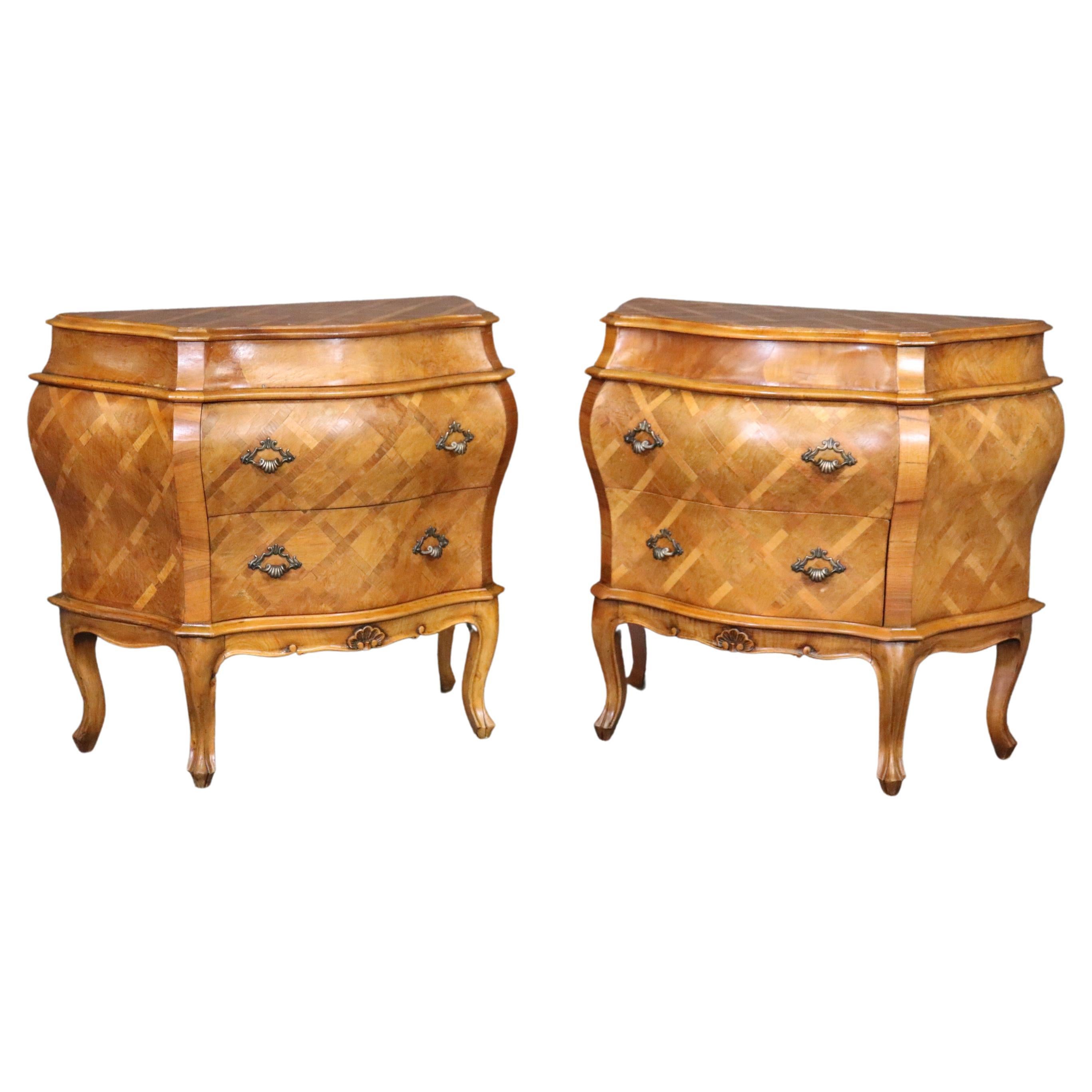 Pair of Cross-Hatch Inlaid Olivewood Italian Bombe Nightstands Endtables