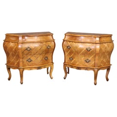 Pair of Cross-Hatch Inlaid Olivewood Italian Bombe Nightstands Endtables