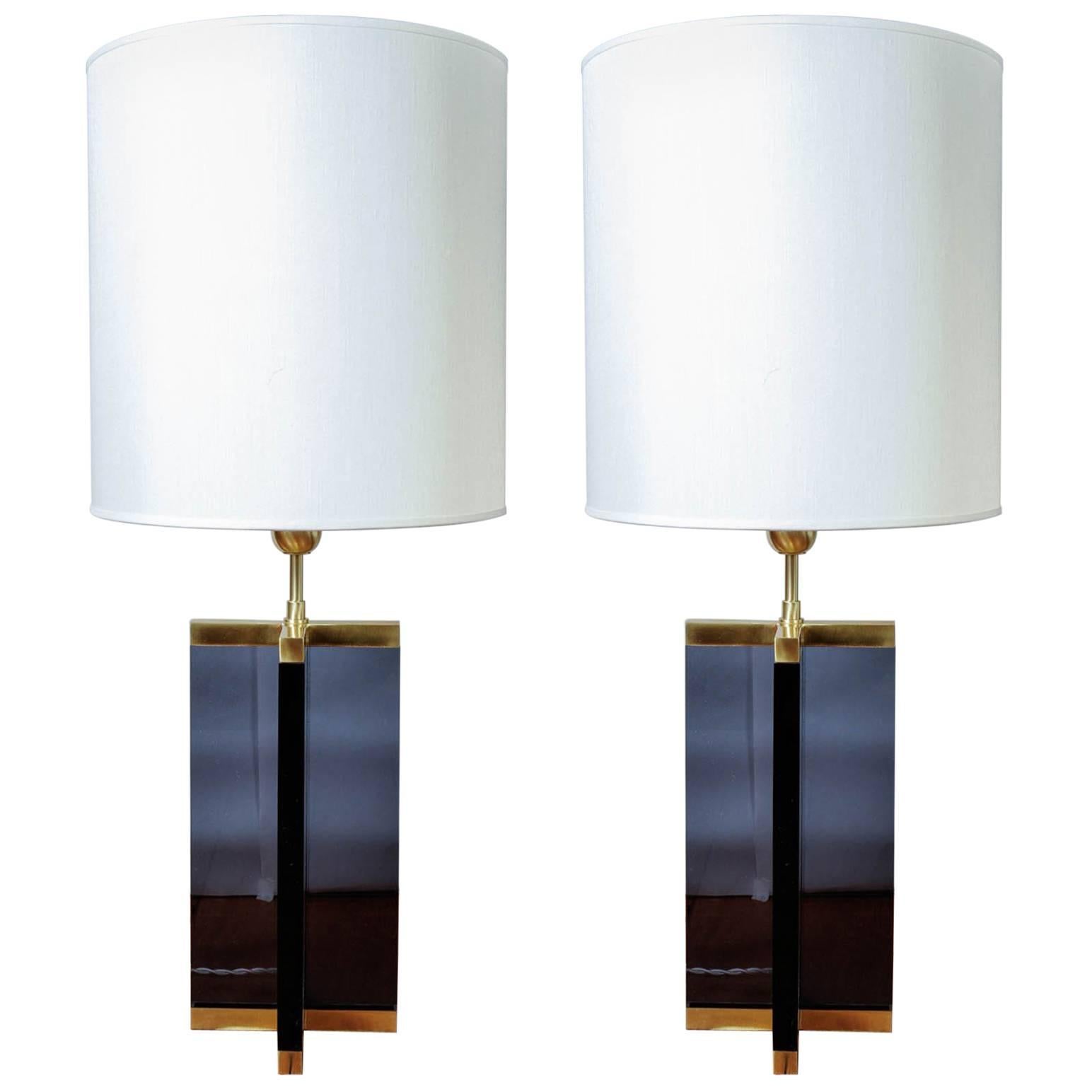 Pair of Cross Table Lamps in Dark Plexiglass and Brass