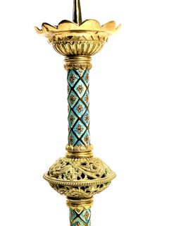 19th Century Rare Pair of French Enamelled Blue and Gilt Bronze Candle Spikes