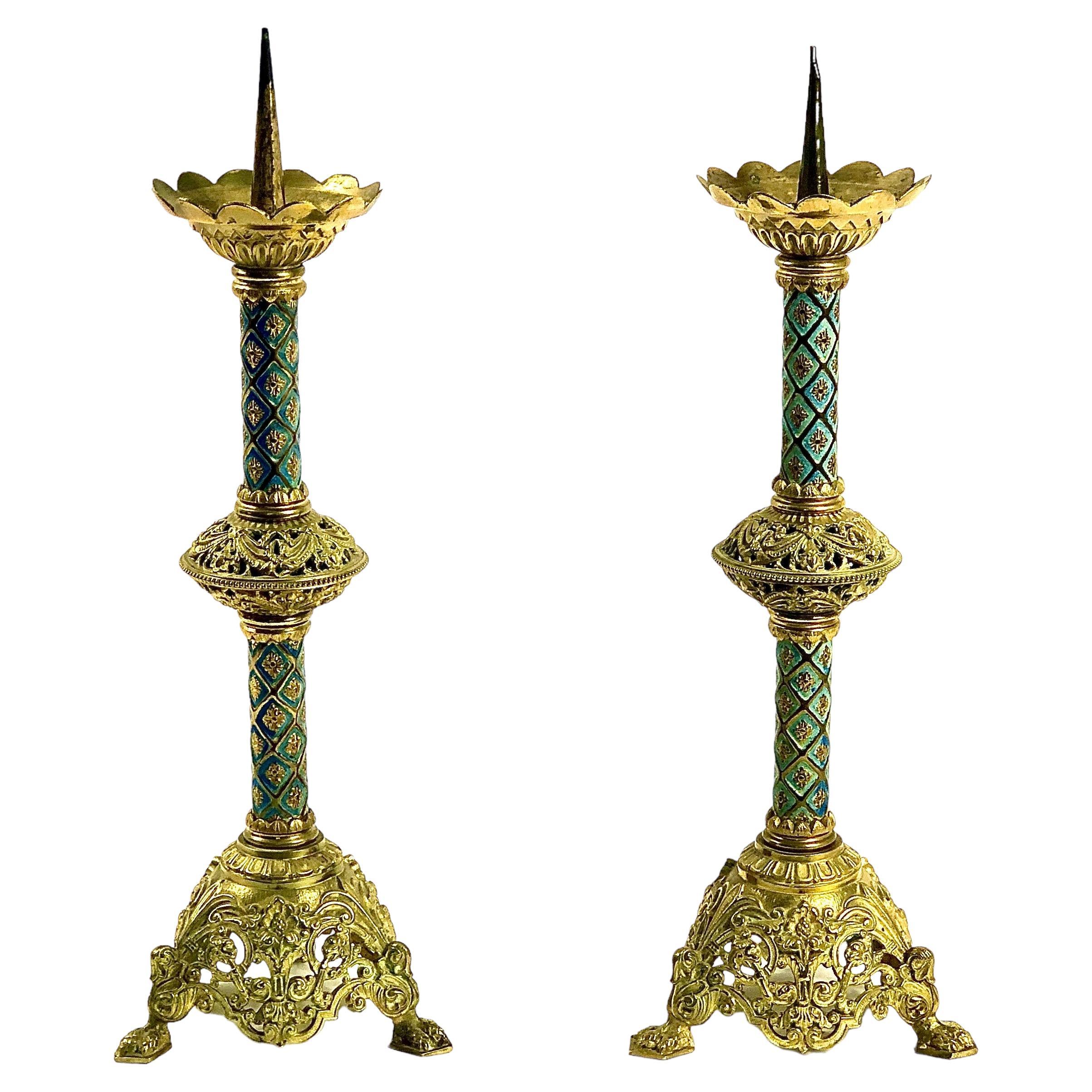 19th Century Rare Pair of French Enamelled Blue and Gilt Bronze Candle Spikes 