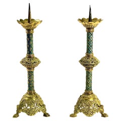 19th Century Rare Pair of French Enamelled Blue and Gilt Bronze Candle Spikes 