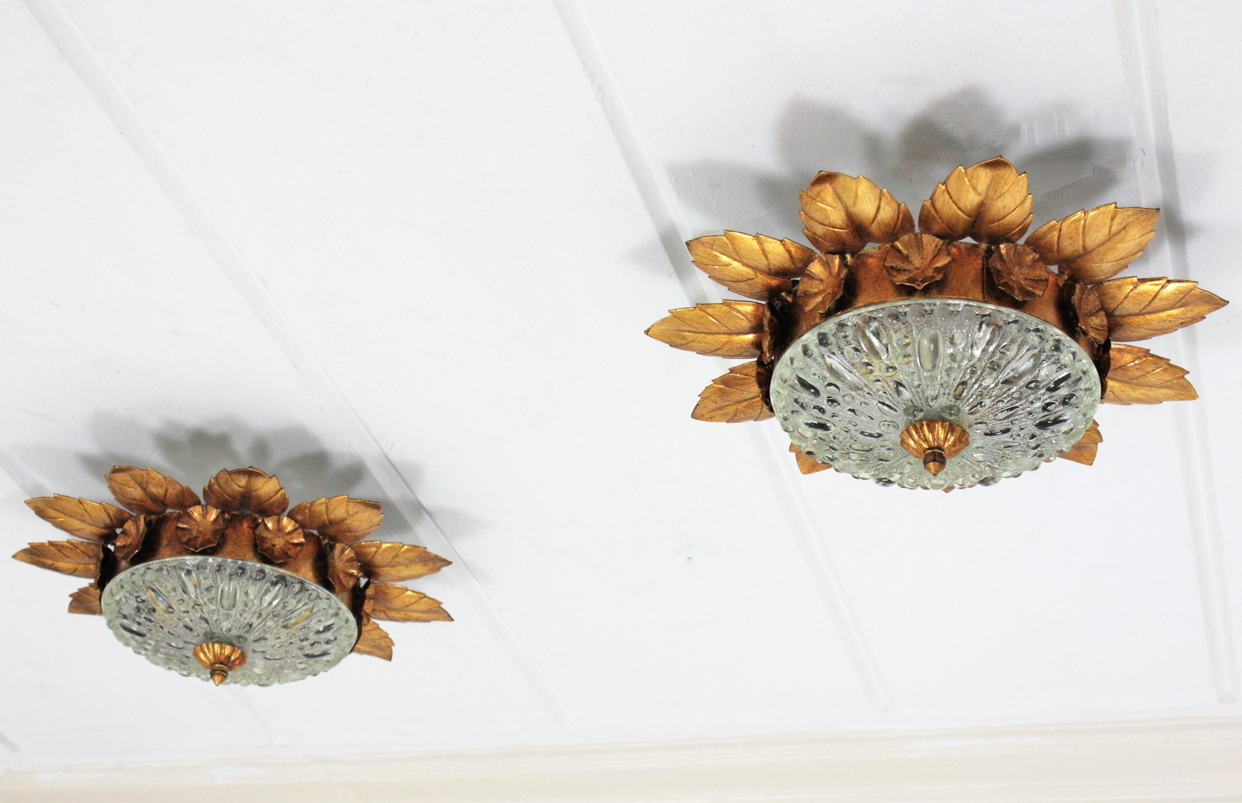 Pair of Sunburst Crown Flower Flush Mounts in Gilt Metal and Pressed Glass For Sale 3