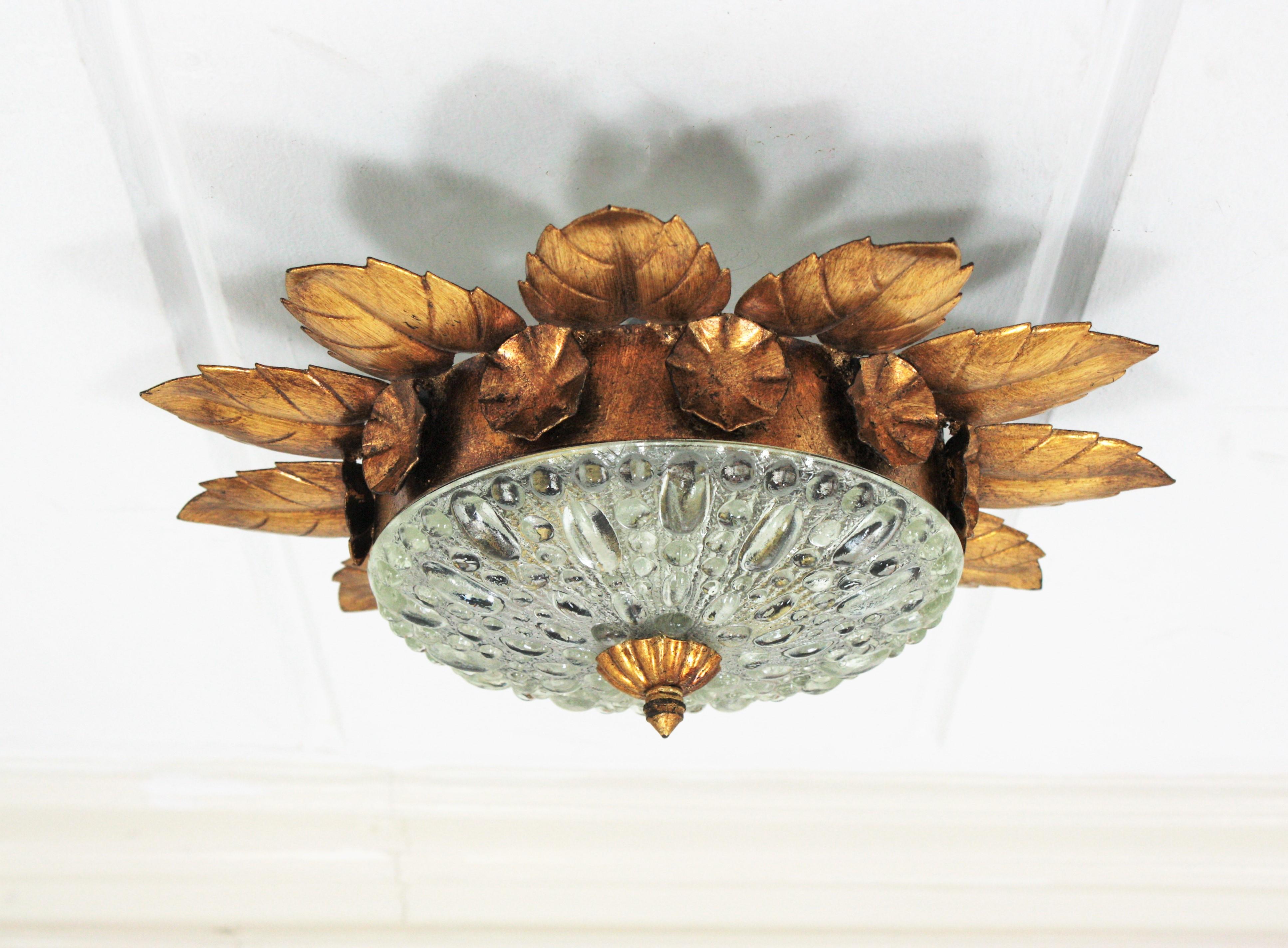 Pair of Sunburst Crown Flower Flush Mounts in Gilt Metal and Pressed Glass For Sale 6