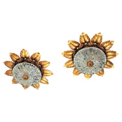 Pair of Sunburst Crown Flower Flush Mounts in Gilt Iron and Glass