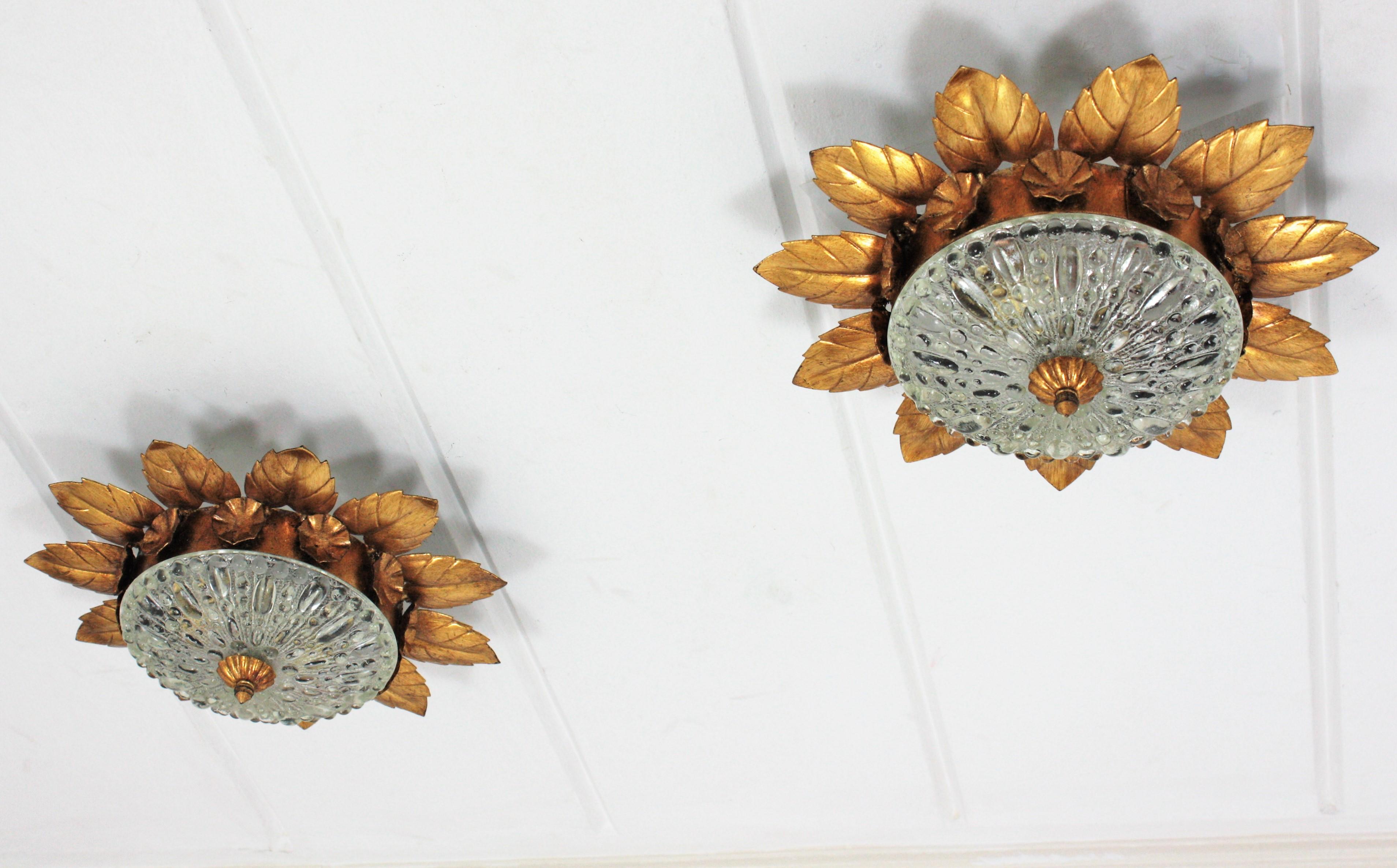 20th Century Pair of Sunburst Crown Flower Flush Mounts in Gilt Metal and Pressed Glass For Sale