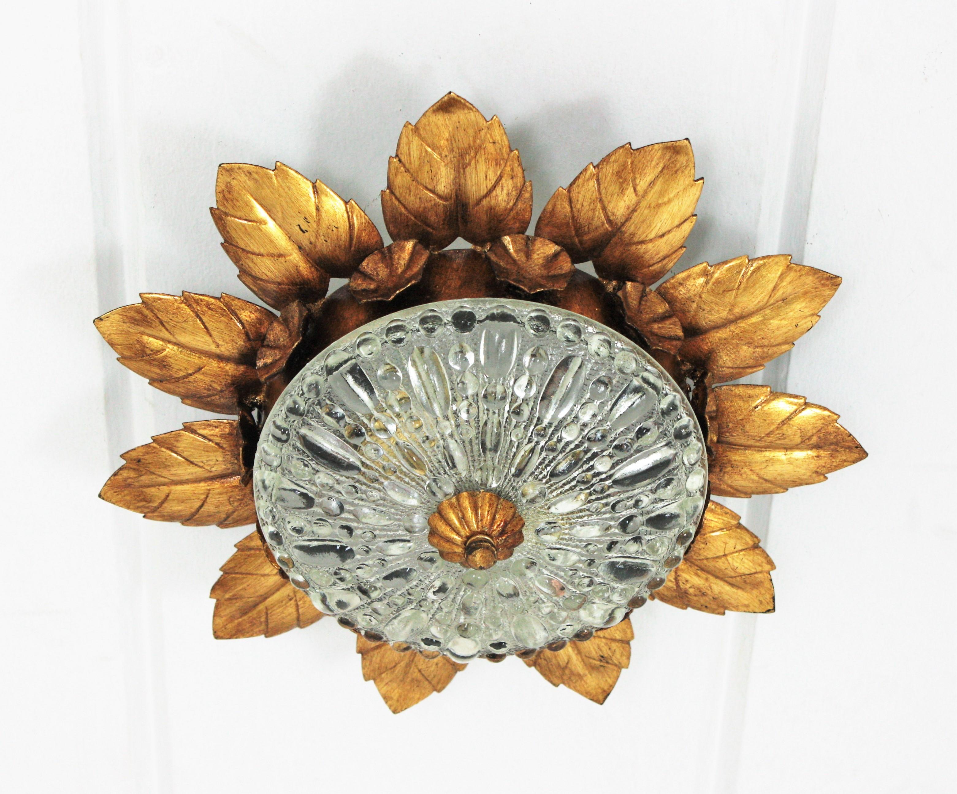 Pair of Sunburst Crown Flower Flush Mounts in Gilt Metal and Pressed Glass For Sale 2
