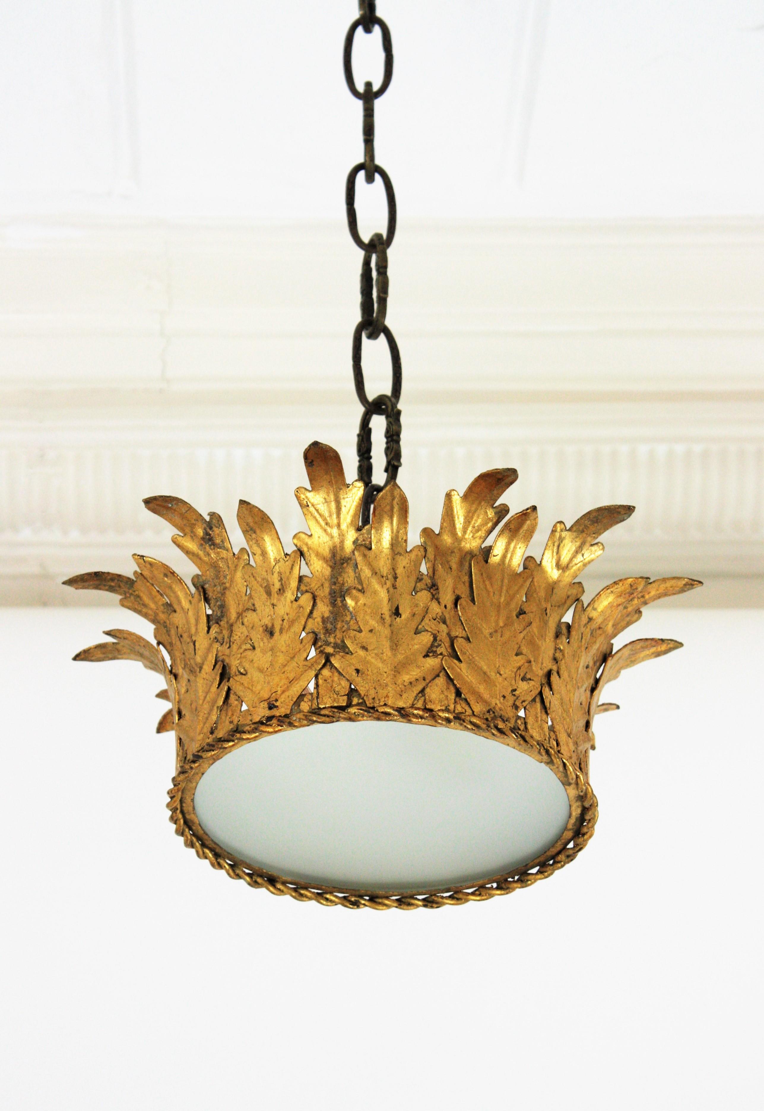 Pair of Crown Foliage Ceiling Light Fixtures in Gilt Iron and Frosted Glass 8