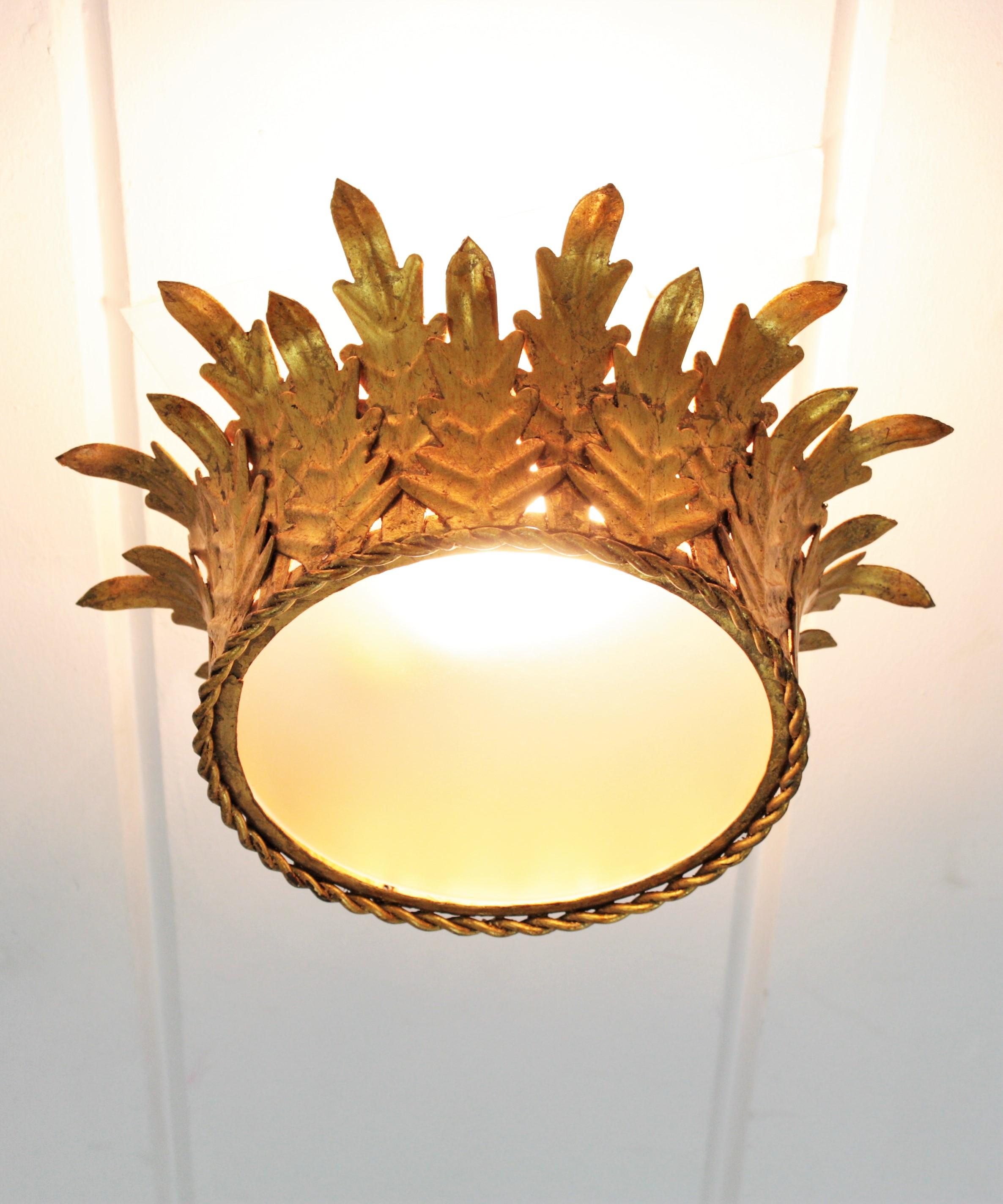 Pair of Crown Foliage Ceiling Light Fixtures in Gilt Iron and Frosted Glass 9