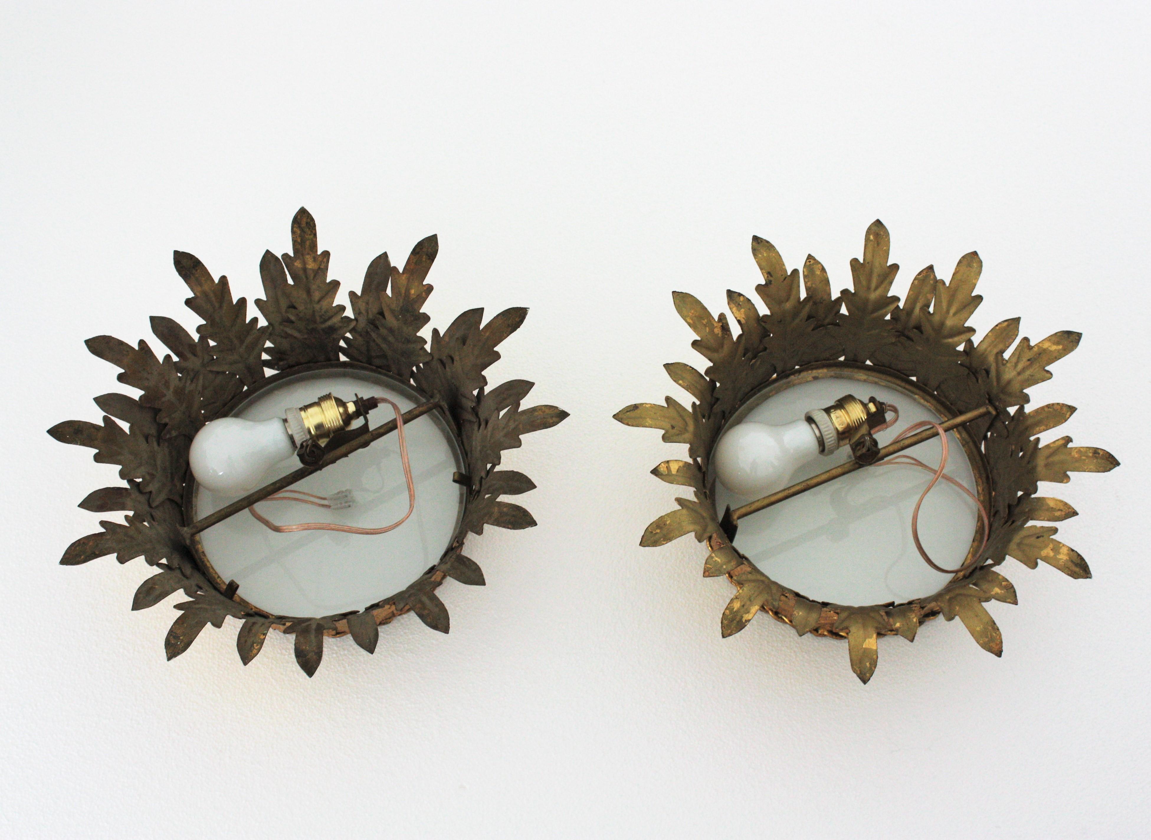 Pair of Crown Foliage Ceiling Light Fixtures in Gilt Iron and Frosted Glass 11