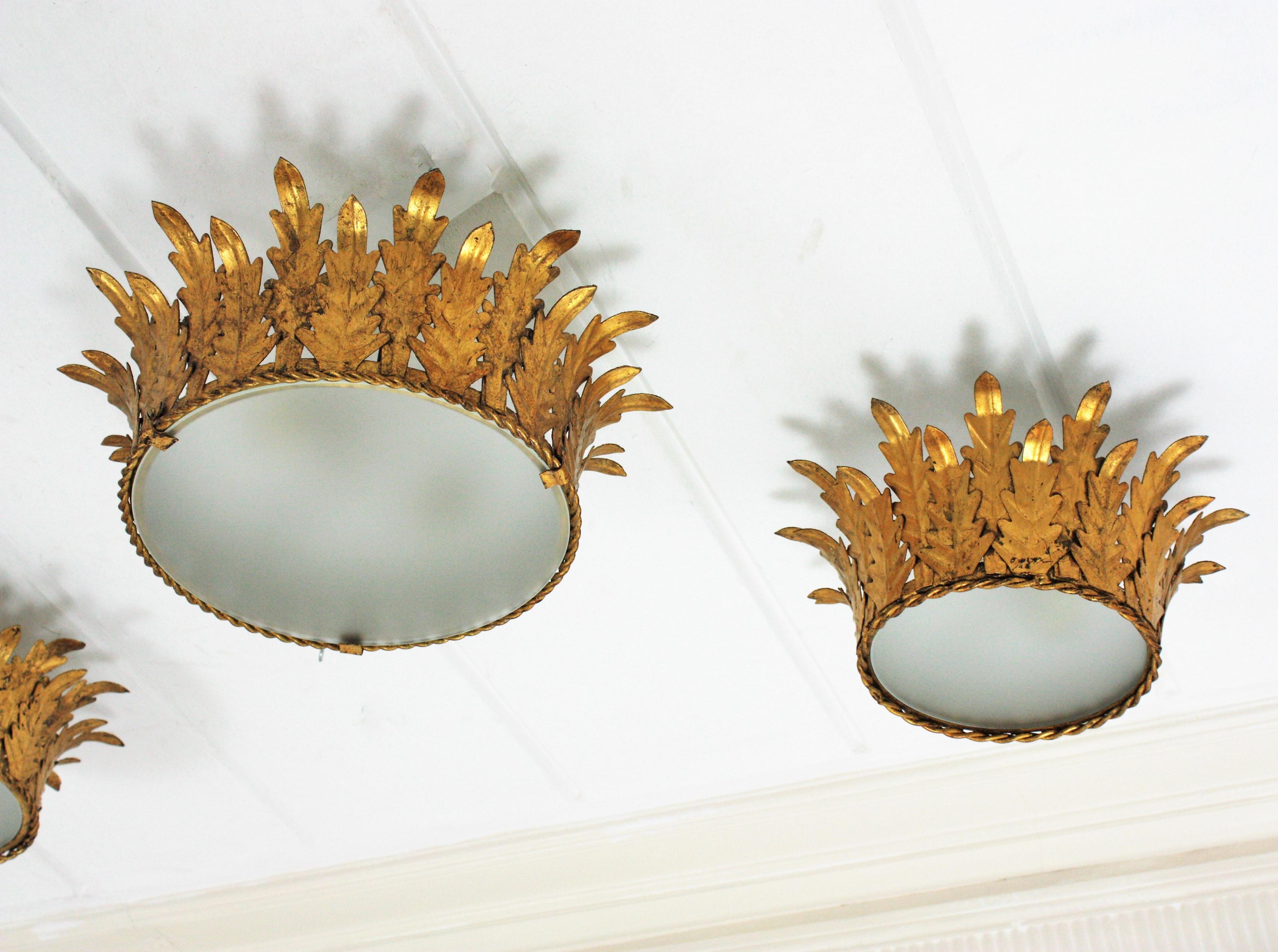 Pair of Crown Foliage Ceiling Light Fixtures in Gilt Iron and Frosted Glass 12