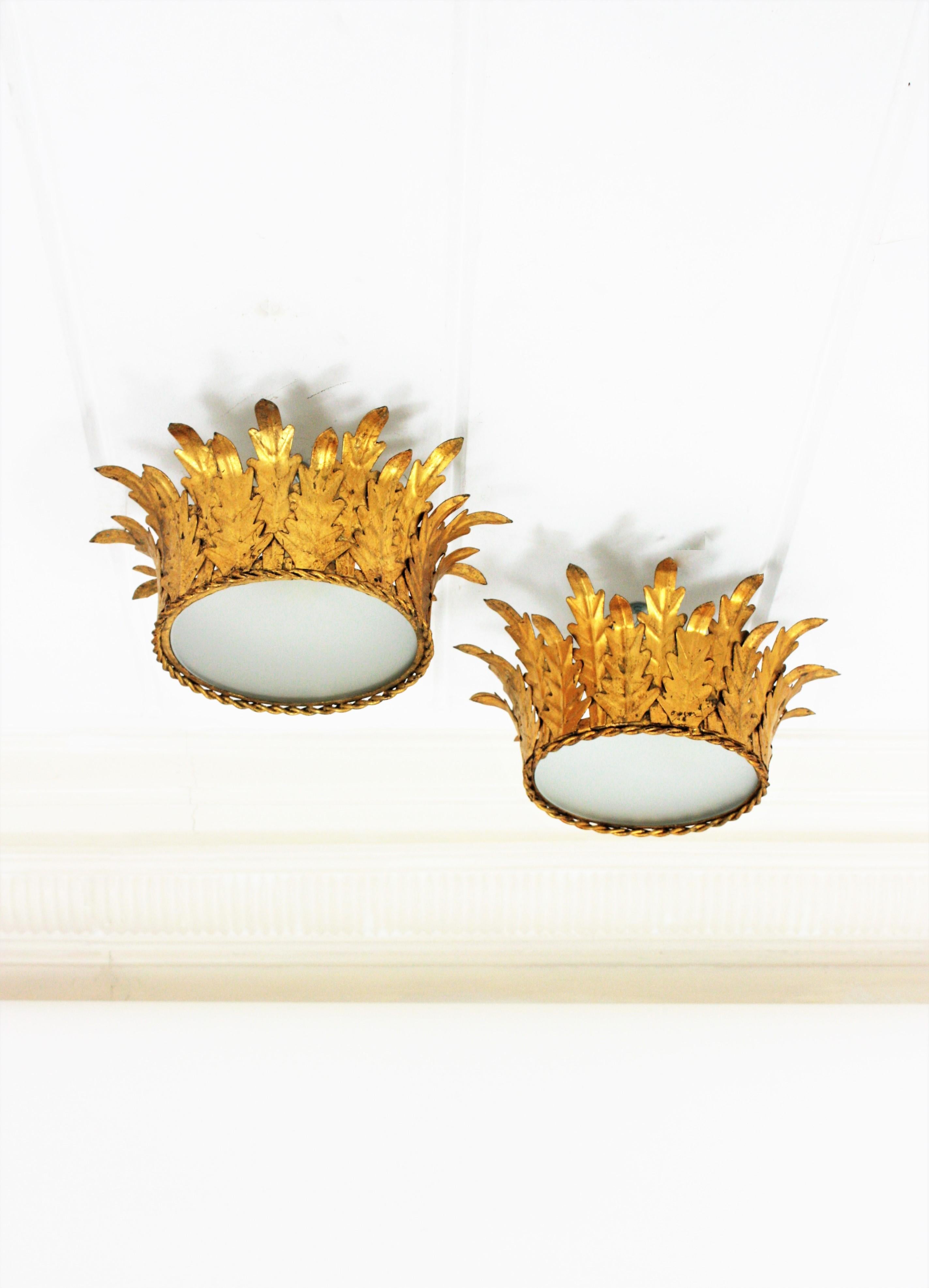 Mid-Century Modern Pair of Crown Foliage Ceiling Light Fixtures in Gilt Iron and Frosted Glass