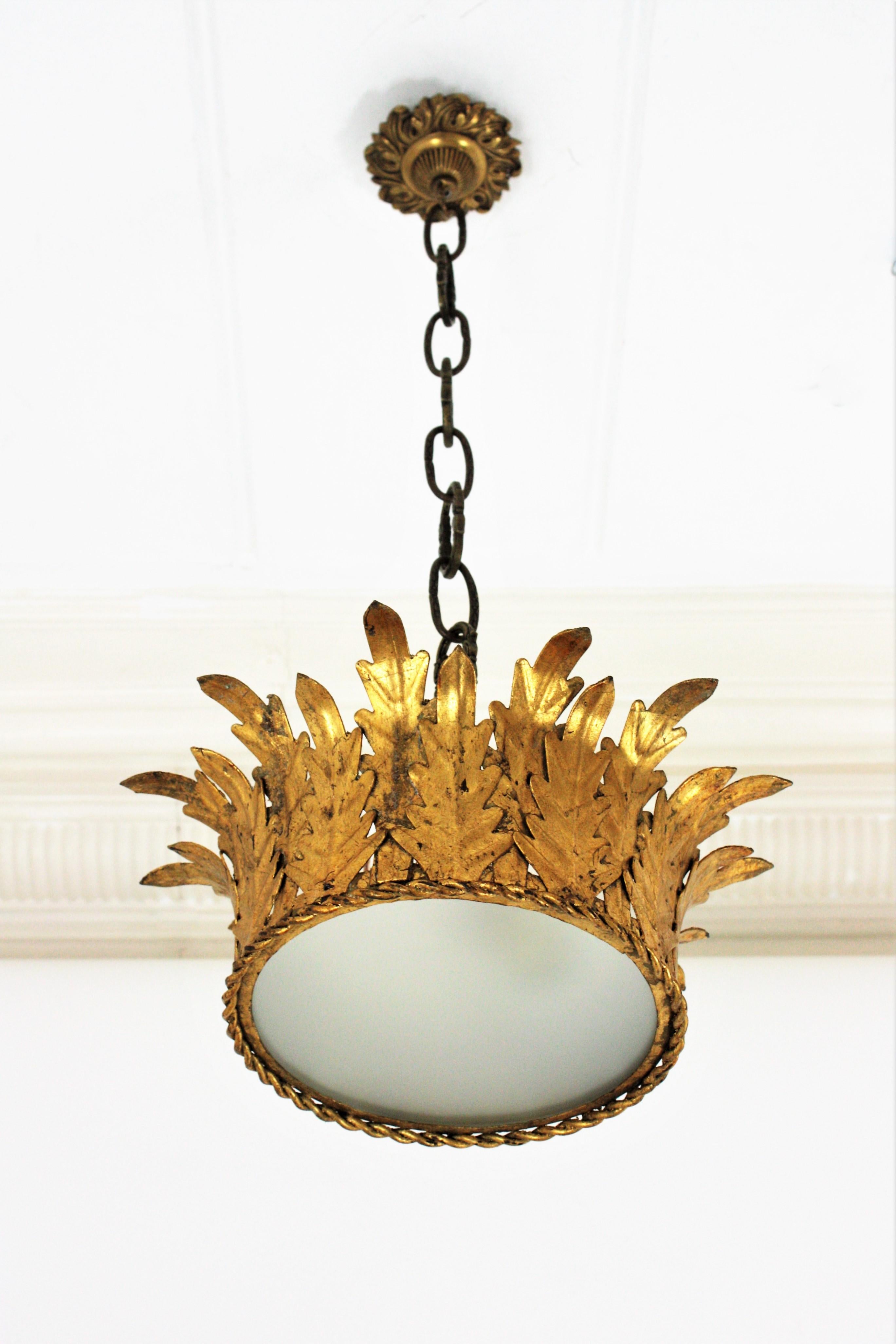 Spanish Pair of Crown Foliage Ceiling Light Fixtures in Gilt Iron and Frosted Glass