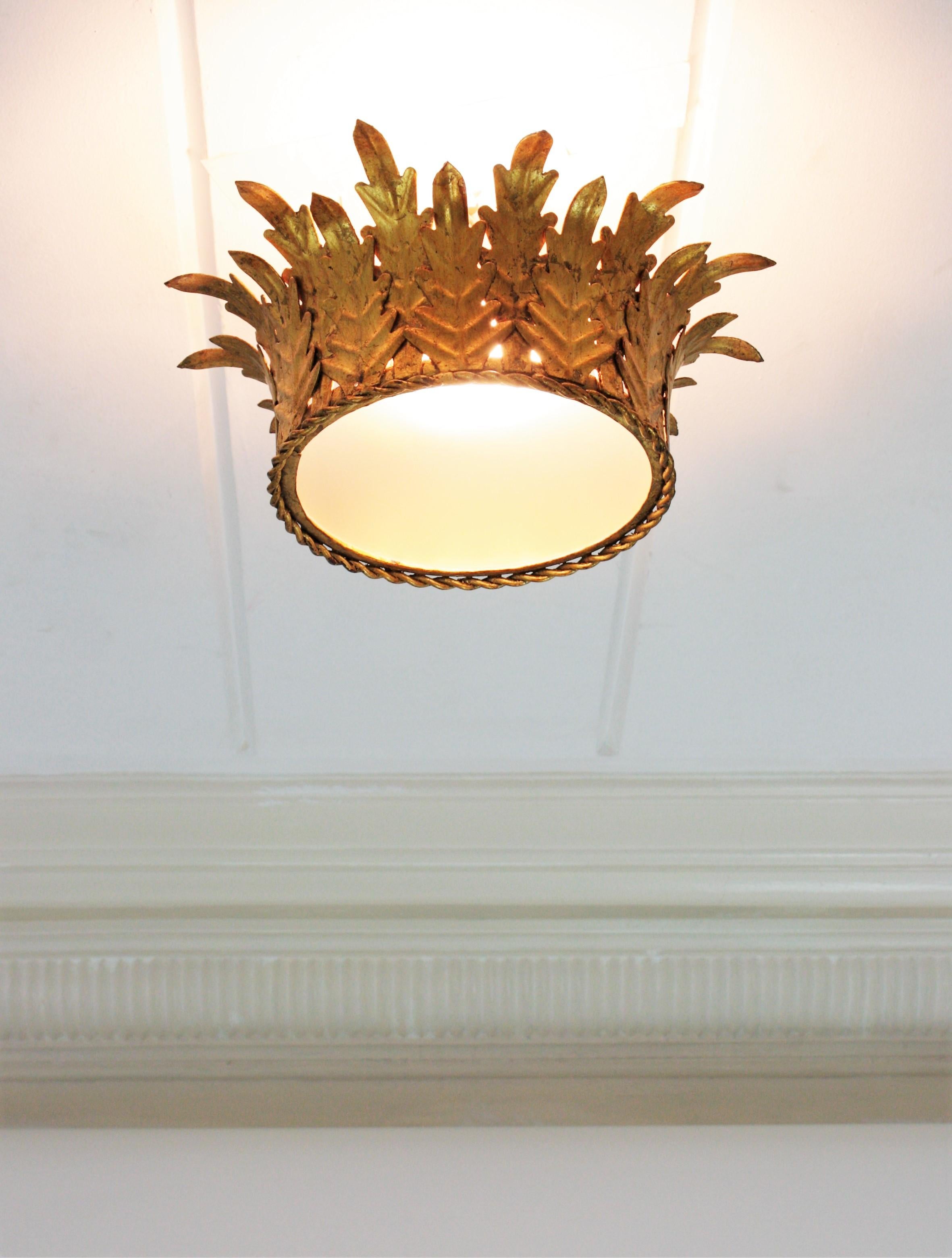 Pair of Crown Foliage Ceiling Light Fixtures in Gilt Iron and Frosted Glass 1